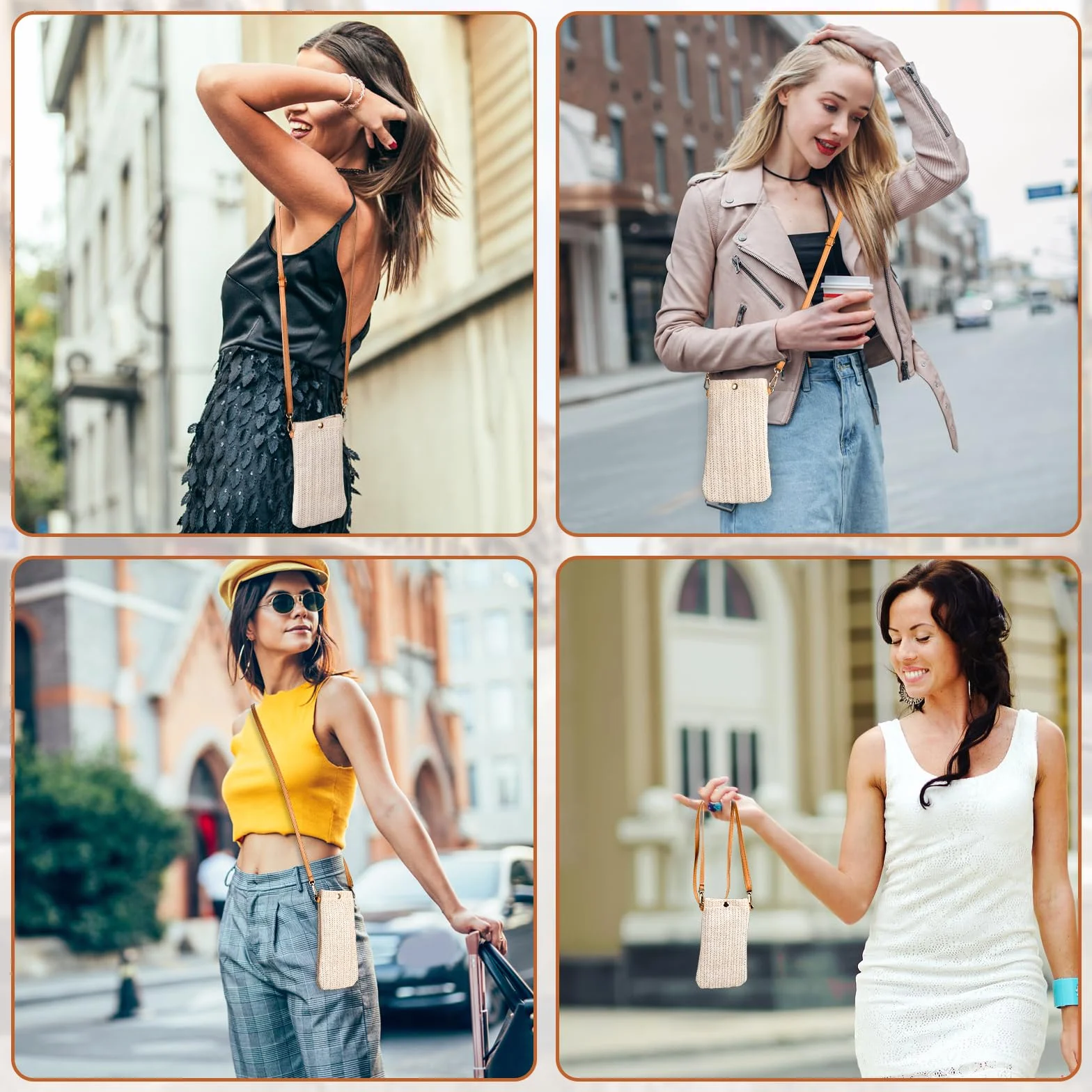 Sac à main réglable en paille pour femme, pochette téléphone portable bandoulière