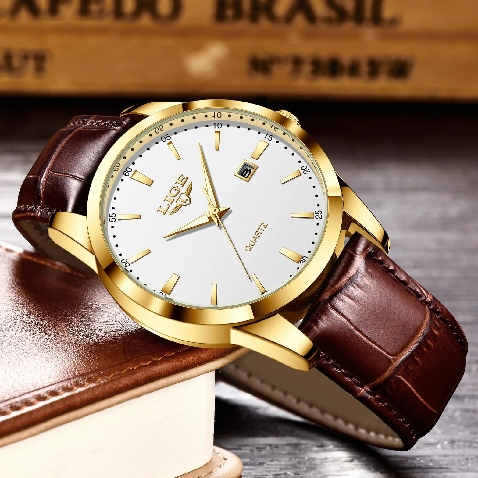 LIGE Montre Hommes Date Étanche Quartz Cuir Jaune-Brun