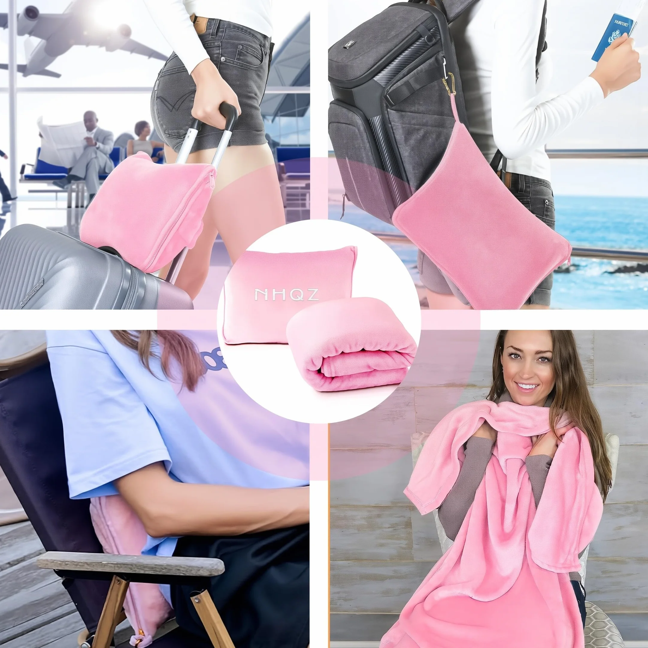 NHQZ Couverture de Voyage Douce et Chaude pour Avion et Voiture - Oreiller Compact avec Clip pour Sac à Dos (Rose)