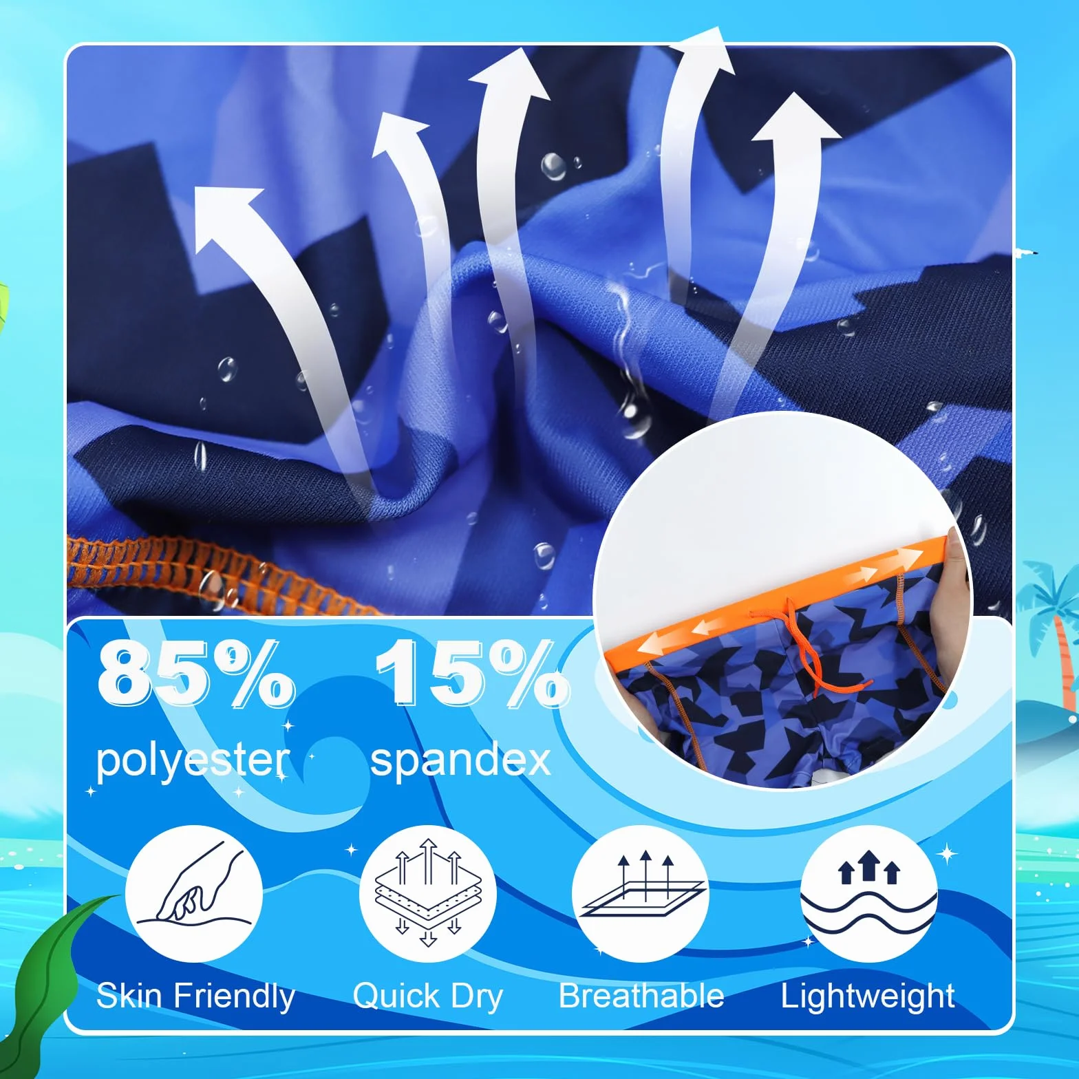 JinBei Maillot de Bain Enfant, Short de Bain Garcon Séchage Rapide Slip de Bain Ceinture Élastique avec Cordon Léger Court Moulant Short Adolescents pour Surf Plage Natation, 7-13 Ans