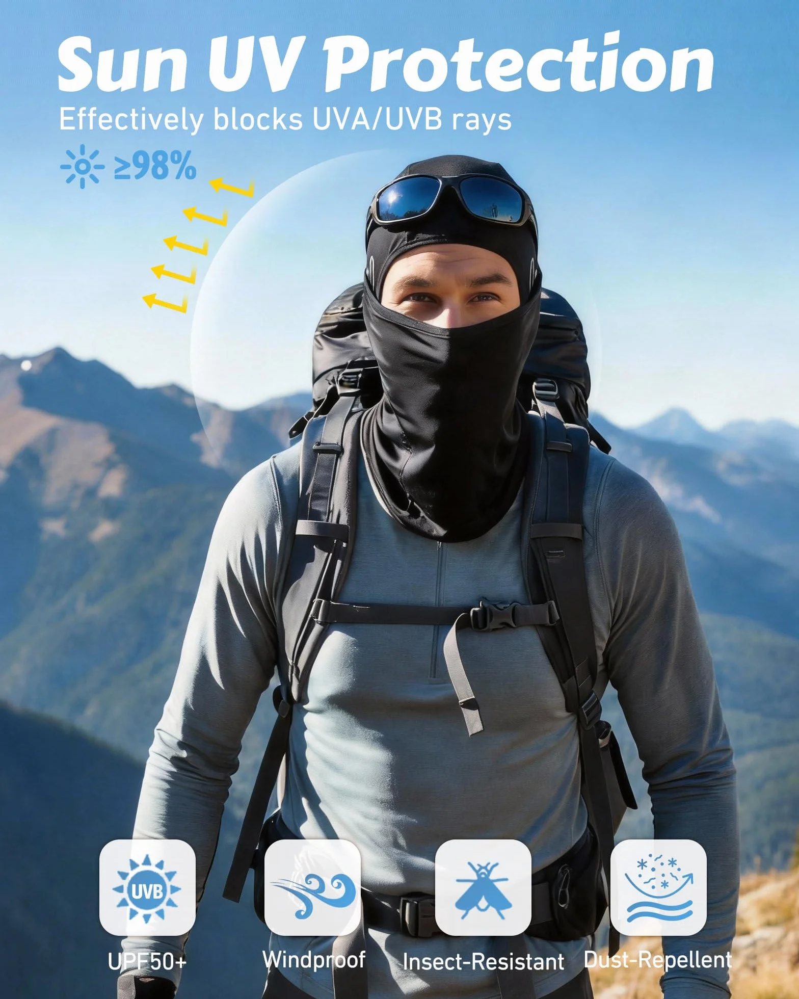 AWUMBUK Cagoule Moto Été Balaclava Masque Sport UV Tissu Glacé Respirant Homme Femme Vélo Randonnée Course Protection Solaire Anti-Insectes Noir
