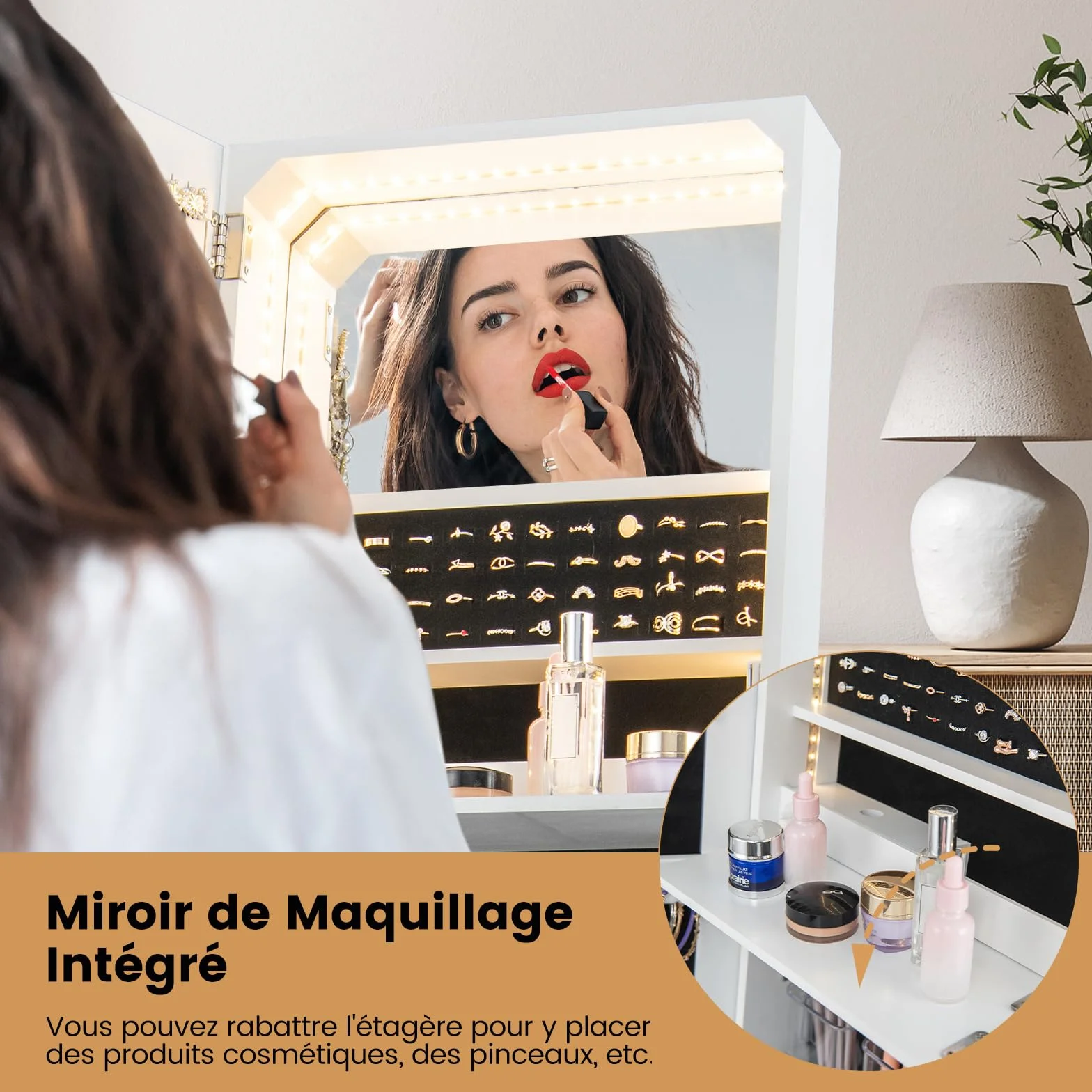 COSTWAY Armoire à Bijoux avec Miroir et Tiroir sur Pieds, Miroir Psyché HD sans Cadre, Verrouillable, Lumières LED 3 Couleurs, Blanc