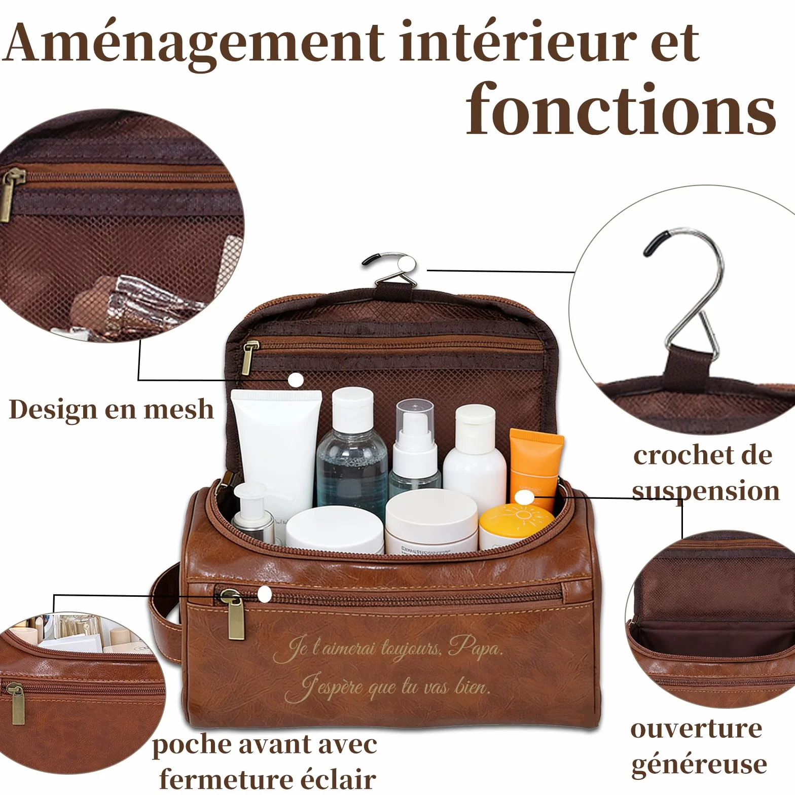Trousse de Toilette Homme Personnalisée Gravée avec Nom ou Initiales, Cadeau Mariage Fête des Pères Saint-Valentin (Châtain foncé)