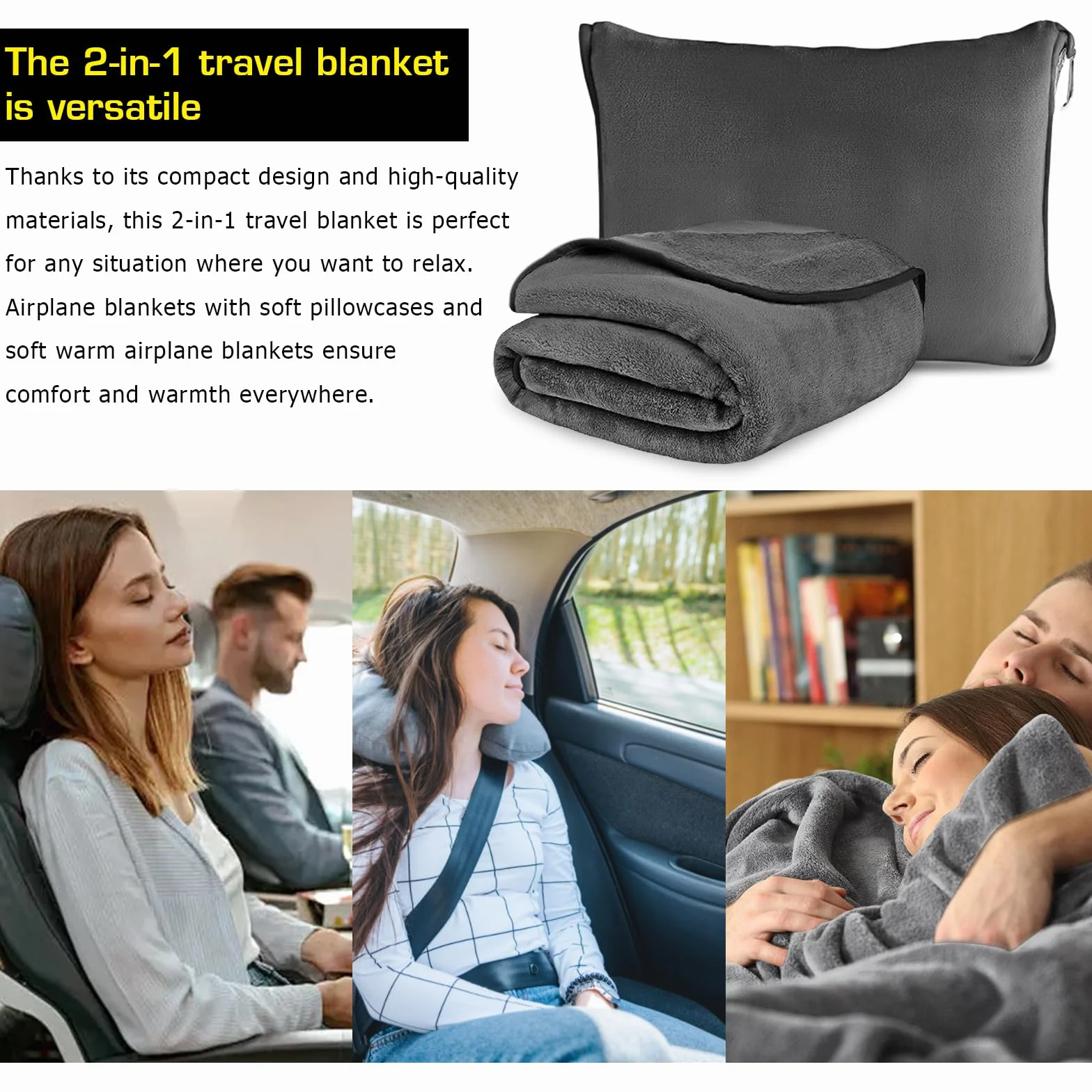 SPORWAY Couverture de voyage 2 en 1 127 × 152 cm grise avec taie d'oreiller douce et chaude