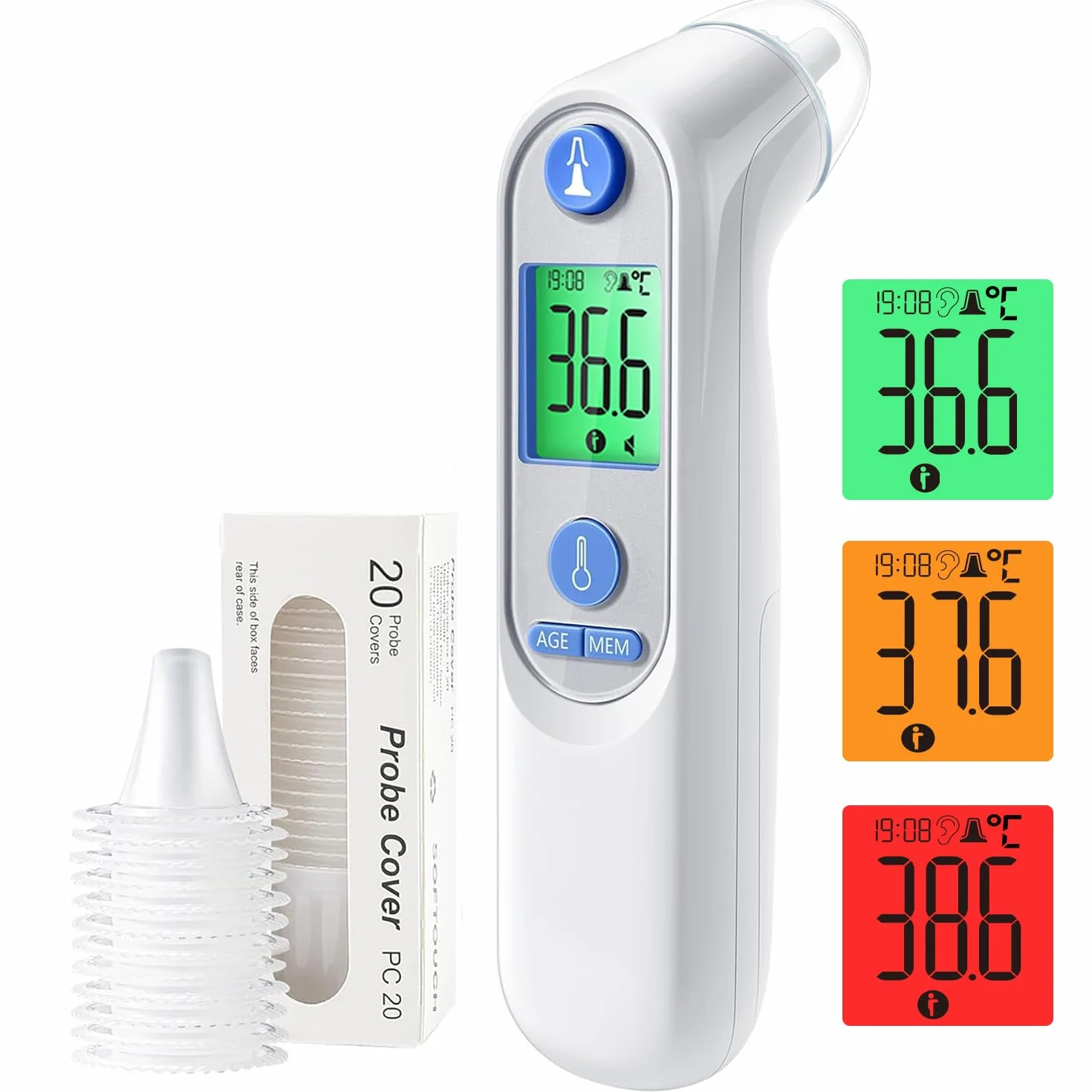 Thermomètre Auriculaire Haute Précision pour bébé, Mesure rapide 1 seconde, Indicateur sonore fièvre, 21 Embouts, Blanc