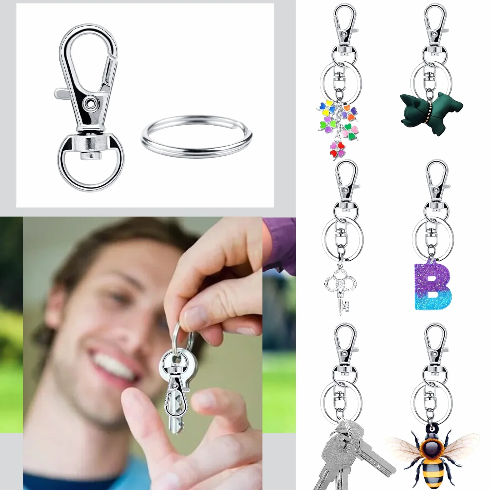 Lot de 400 petits porte-clés en acier inoxydable - Mousquetons pivotants argent