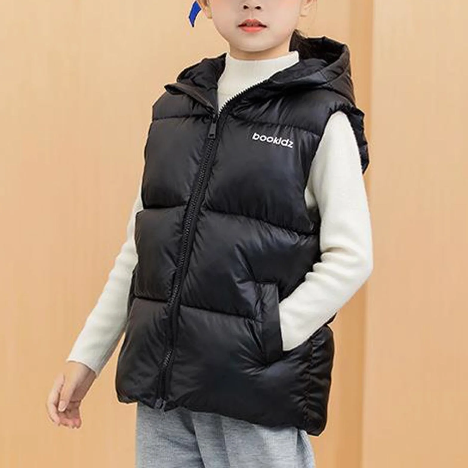 Gilet bouffant à capuche sans manches garçon chaud rembourré léger manteau thermique duvet noir 12-13 ans
