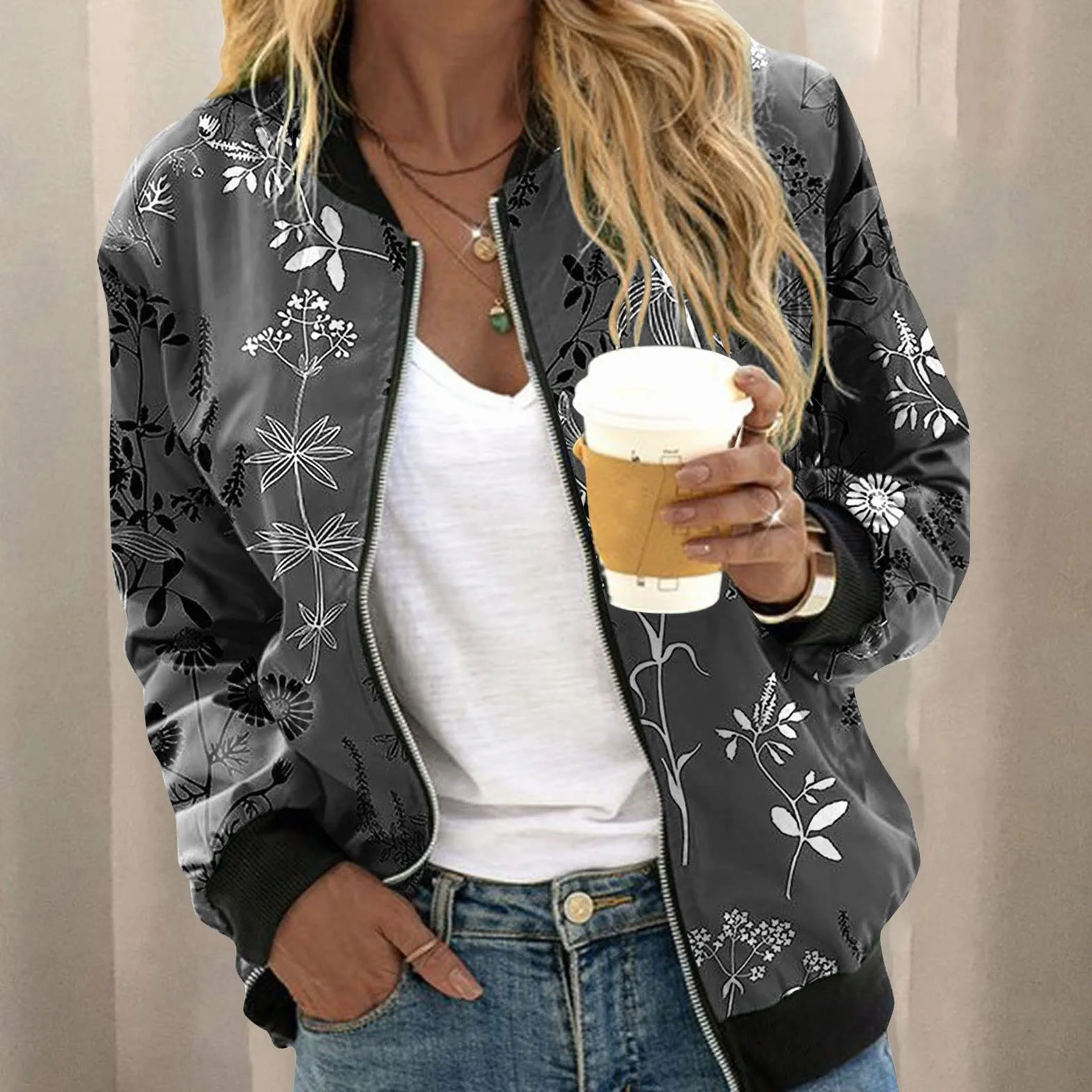 Veste Bomber Femme Fleurie Blouson Printemps Chic Manches Longues Zippé Léger Courte Imprimé Fleur Casual Baseball