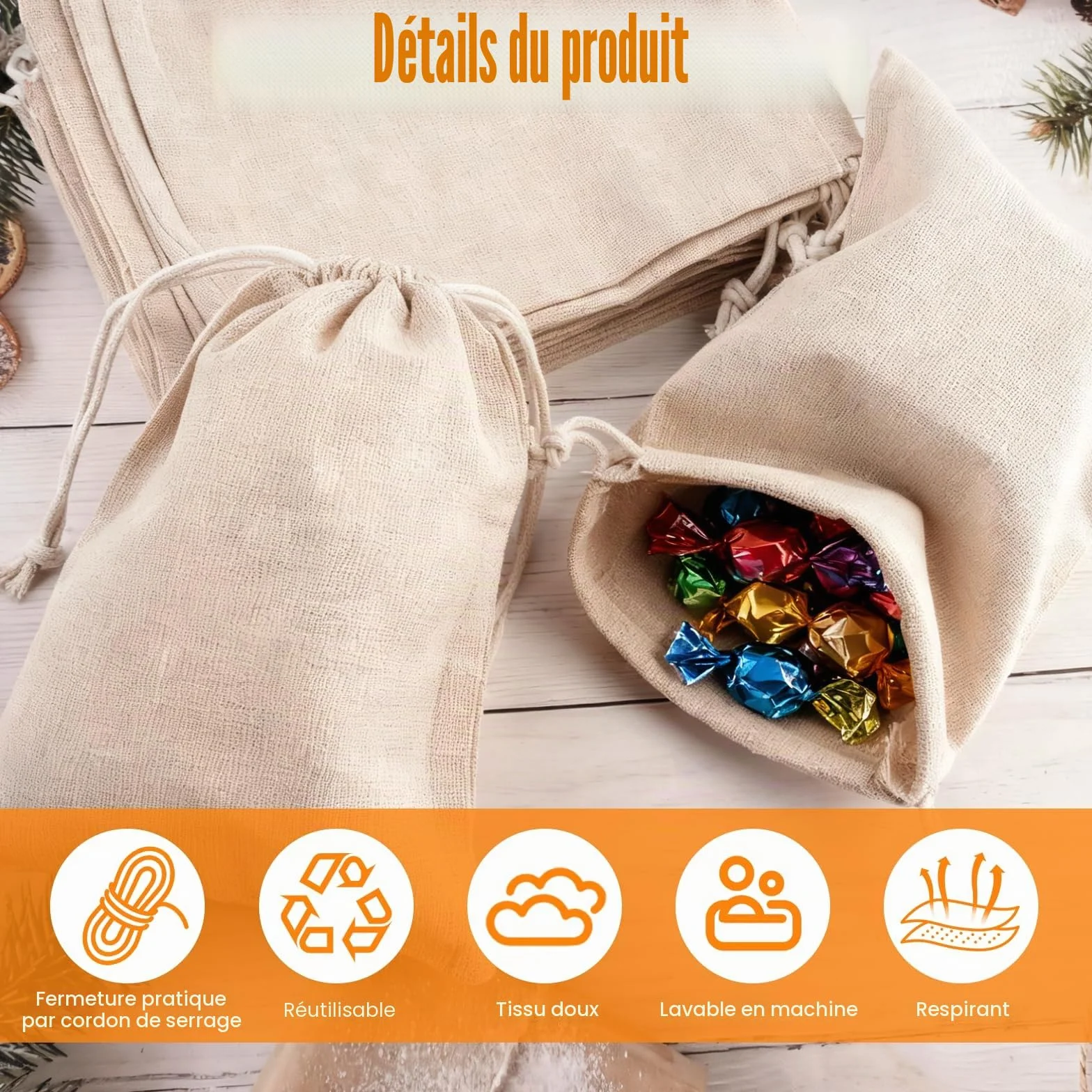 Sacs en Tissu avec Cordon Lot de 16, 15x20 cm, Sachets en Coton Lin Jute pour Cadeaux Mariages Noël