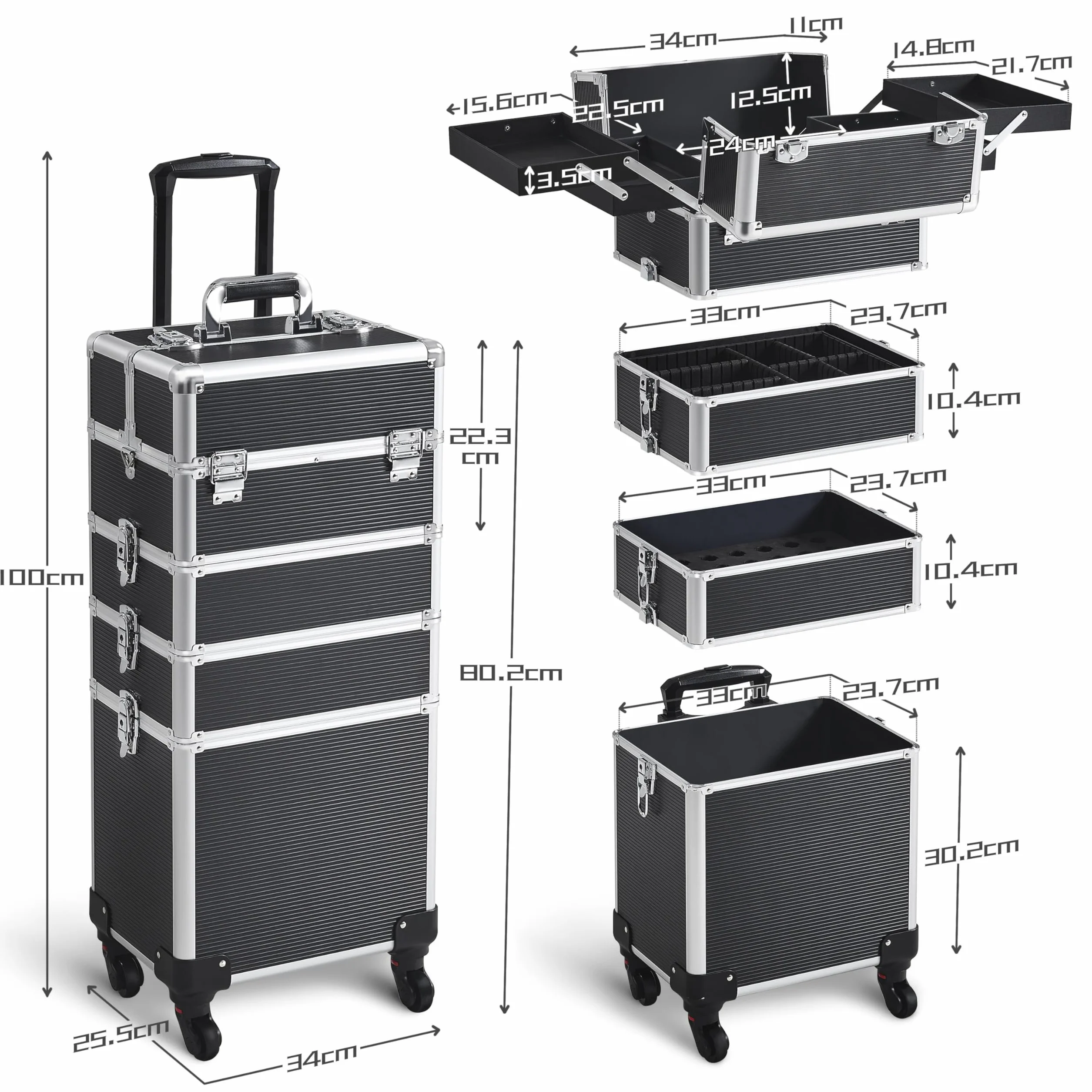 Yaheetech Valise de Maquillage 5 en 1 Verrouillable 34 x 25,5 x 80,2 cm Noir
