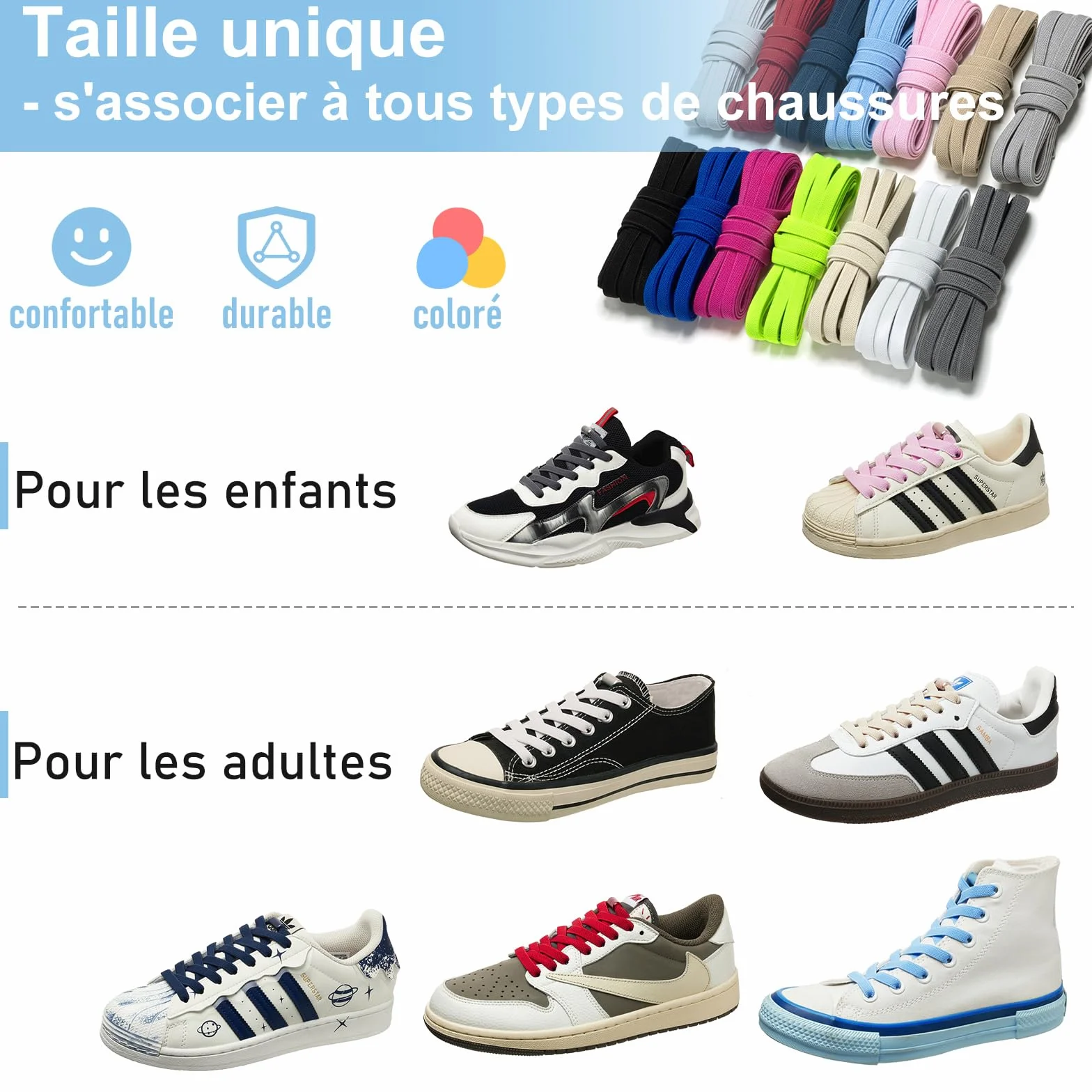 Lacets Élastiques Plats sans Noeud pour Chaussures Enfants Adultes Baskets - 2 Paires