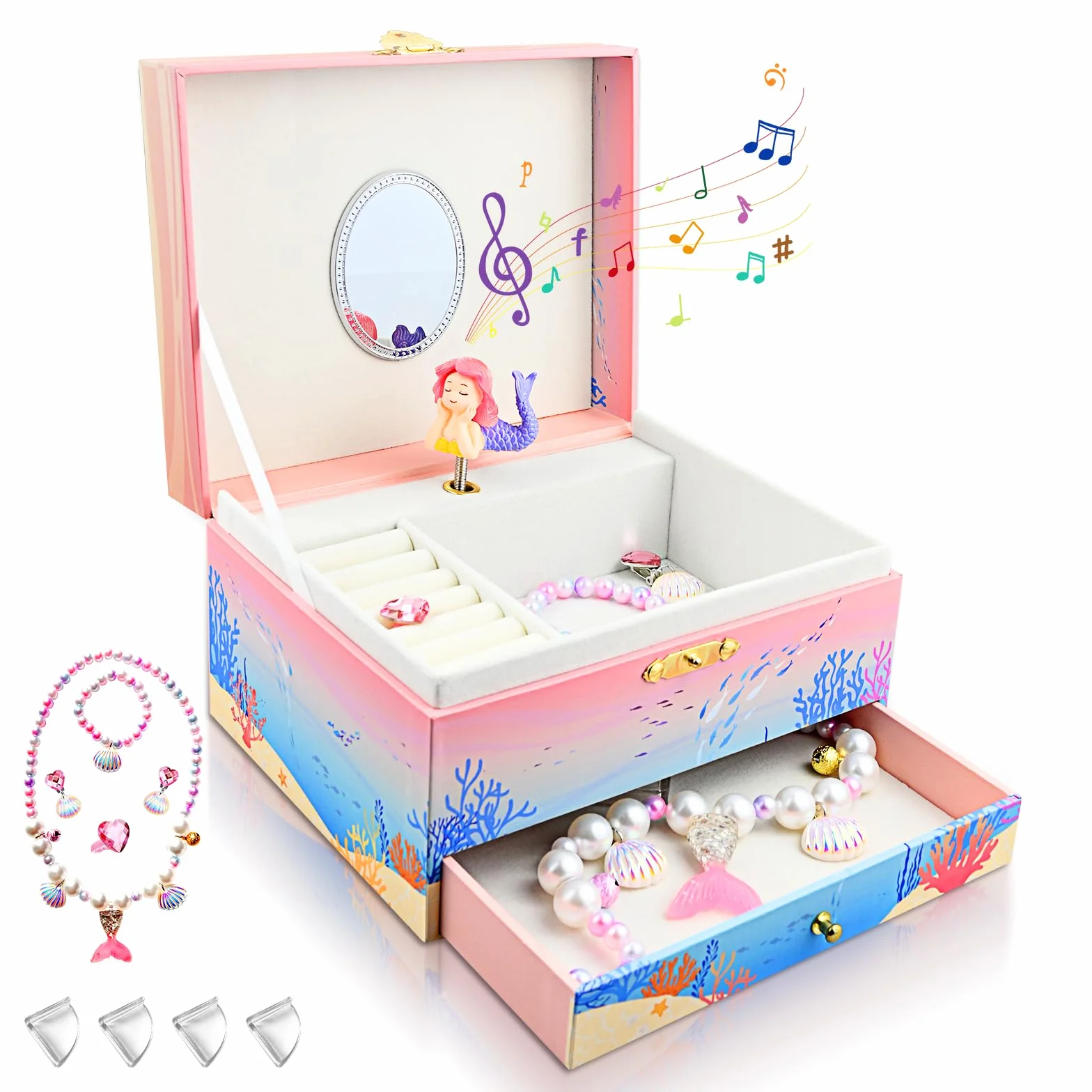 KOMABLEN Sirène Boîte à Bijoux Fille avec Miroir, Boîte à Musique Enfant 4 Parure de Bijoux et Protege Angle Cadeau Anniversaire 3-10 ans