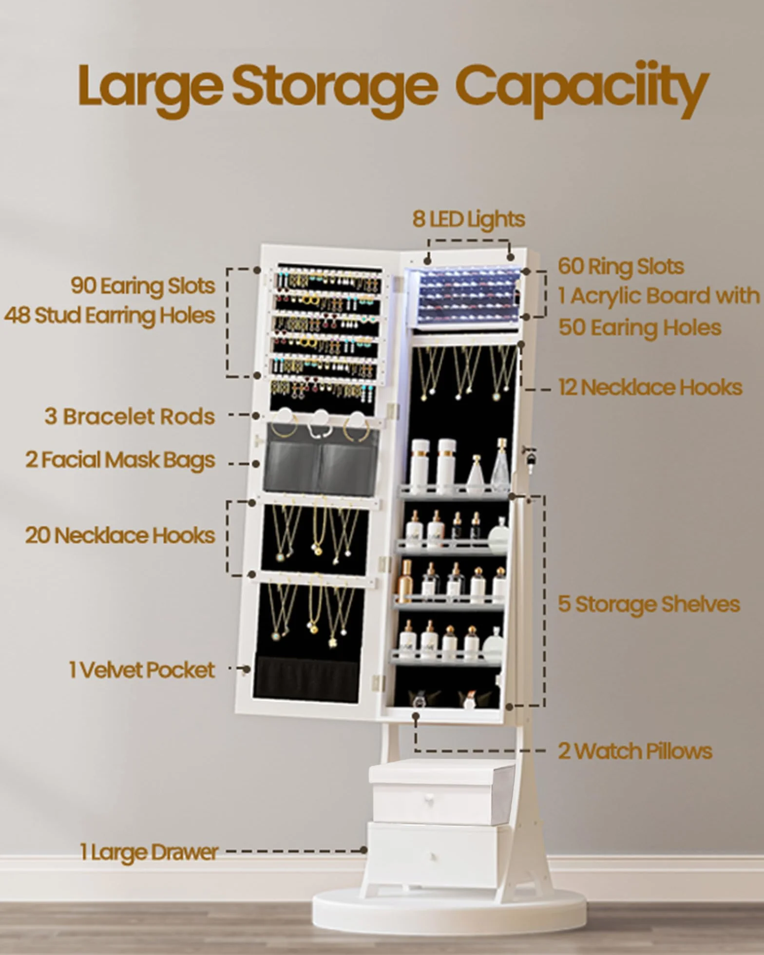 Hzuaneri Armoire à bijoux 108cm avec miroir sans cadre, 8 LEDs, 1 tiroir, 5 étagères, blanc et noir