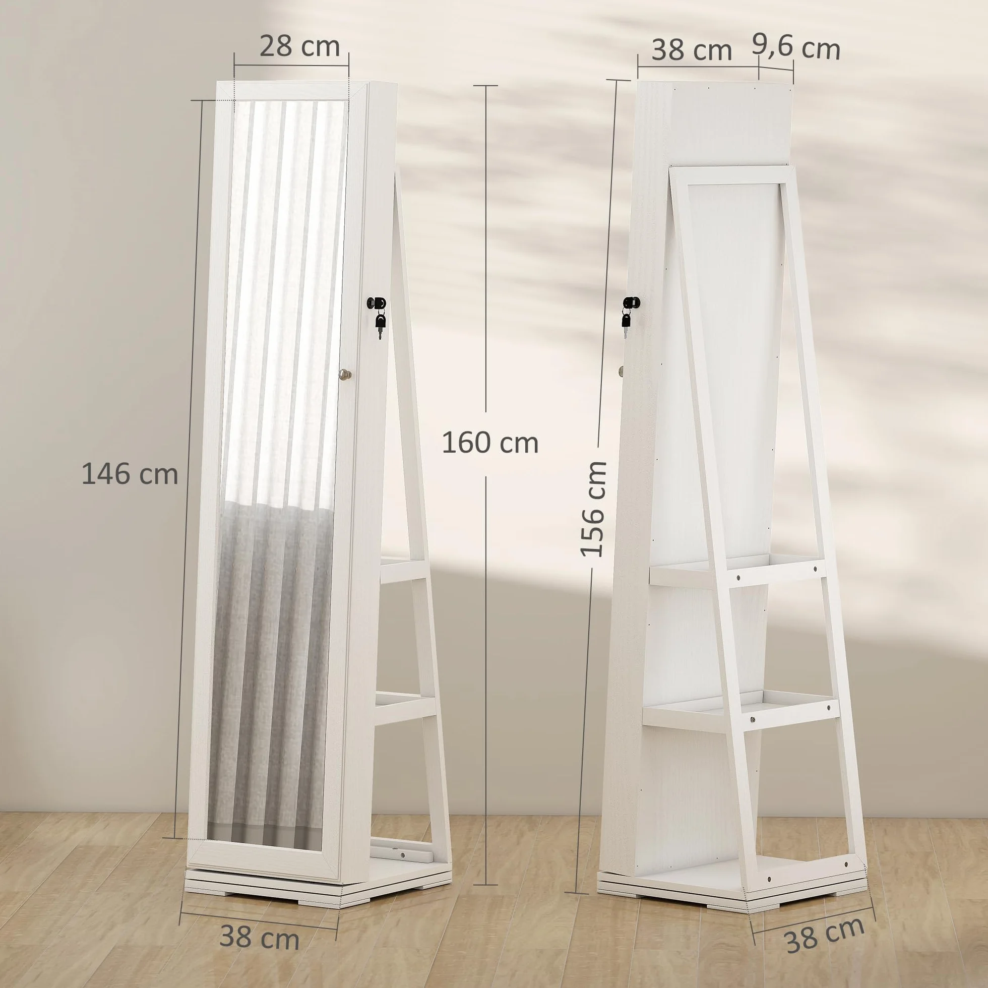 HOMCOM Armoire à Bijoux pivotante verrouillable avec Miroir en Bois Blanc