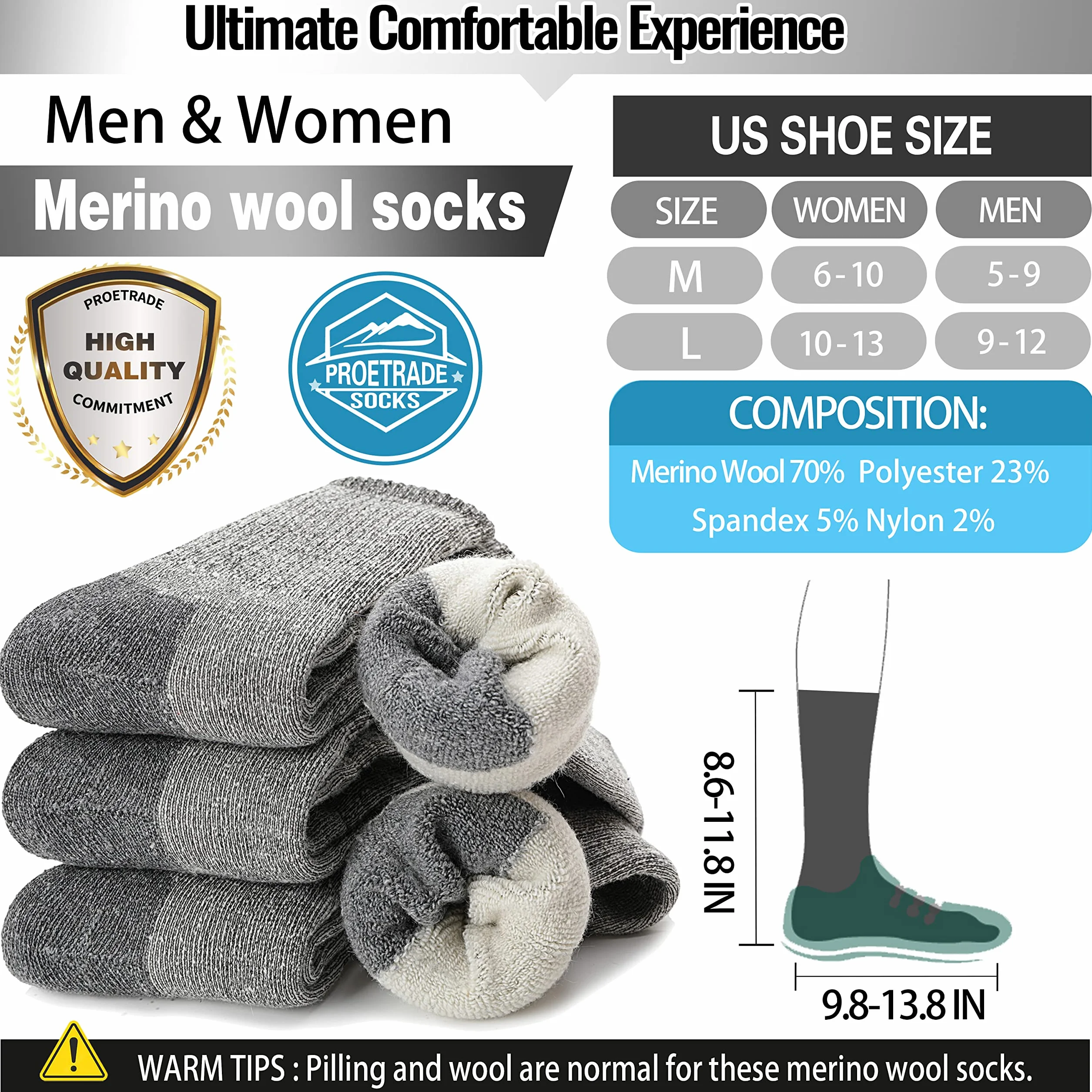 PROETRADE Chaussettes Chaudes Hiver Homme Femme Laine Mérinos Randonnée Taille 36-46