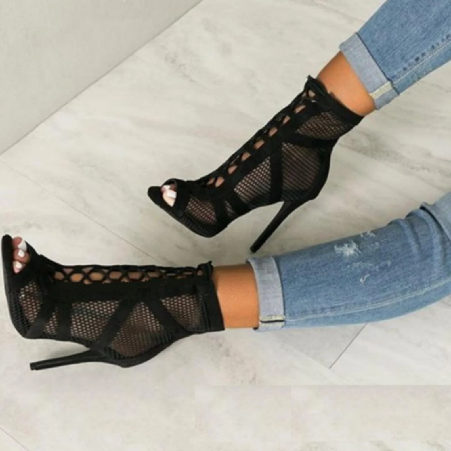 Chaussures de Danse Femme Talons Hauts Escarpins Soirée Sandales Bout Fermé Sexy Mesh