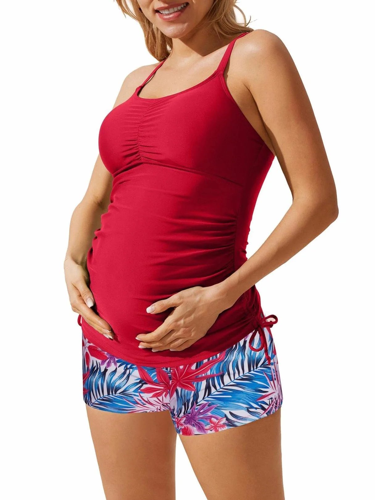 Maacie Maillot De Bain Deux Pièces De Maternité Dos Nu Plissé Rouge Feuilles