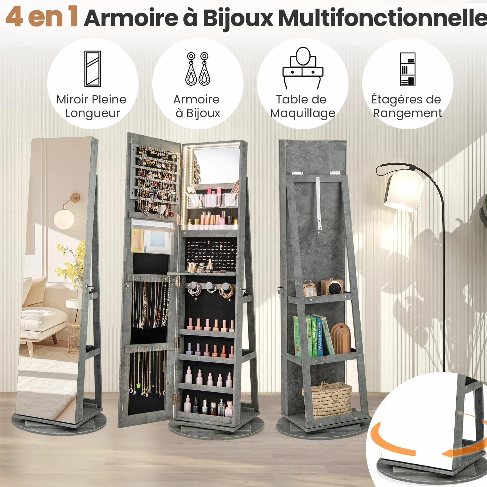 RELAX4LIFE Armoire à Bijoux Pivotante 360º avec Miroir Pleine Longueur, Éclairage LED, Gris