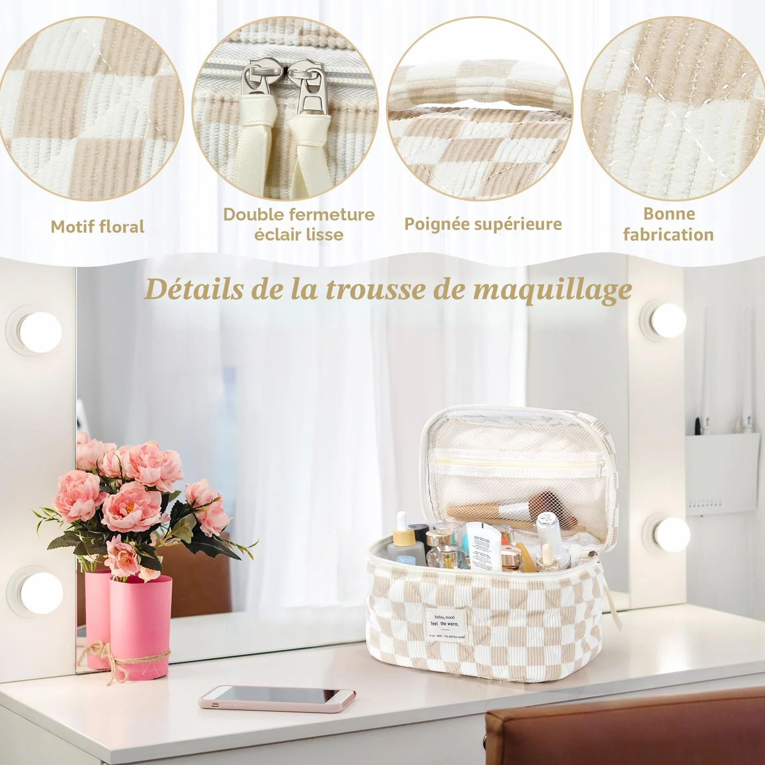 Lot de 3 Trousses de Toilette pour Femme Motif Floral Matelassée Portable Voyage (Kaki)