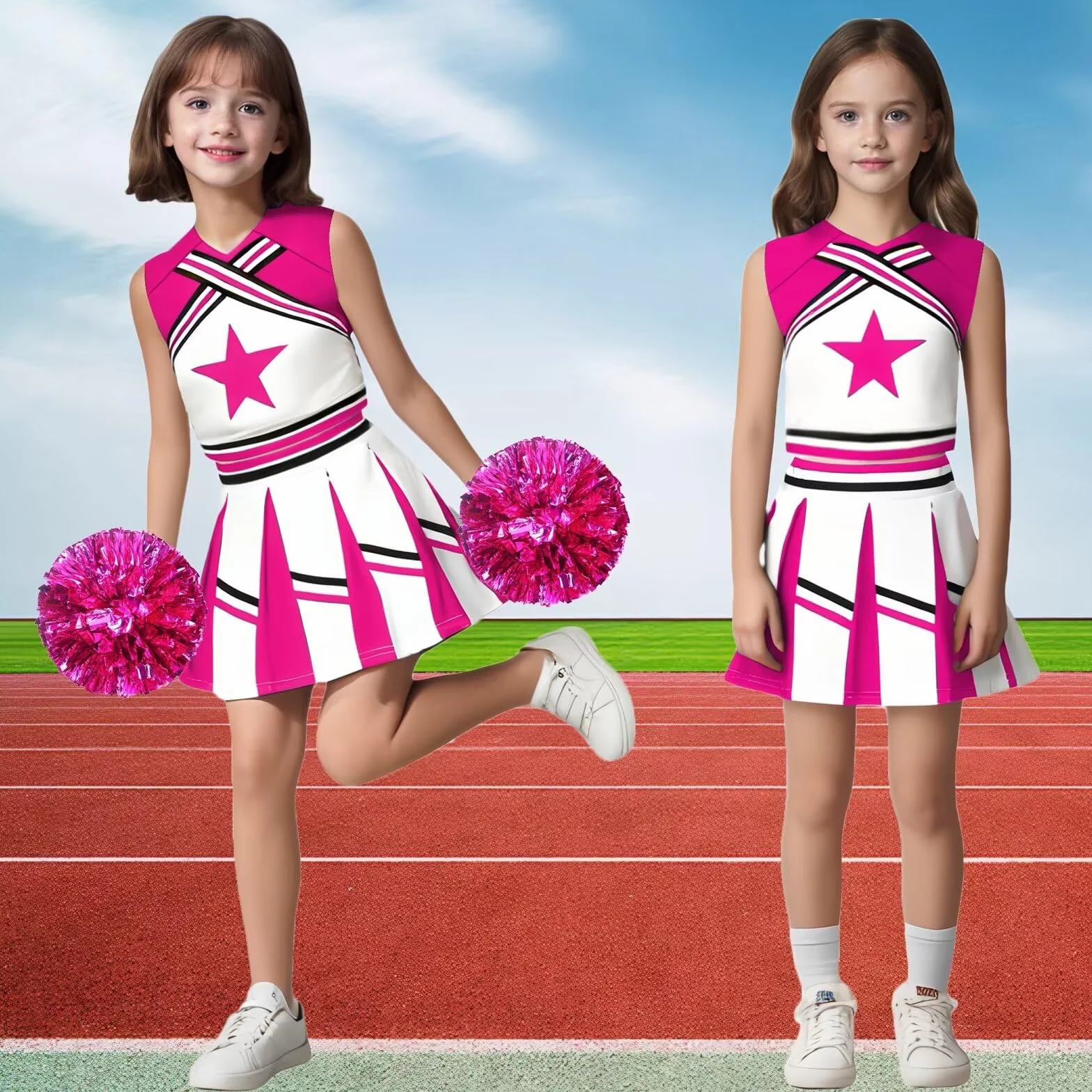 Deguisement Pompom Girl Fille Uniforme avec Pompoms et Chaussettes Robe Costume Enfant Halloween Carnaval