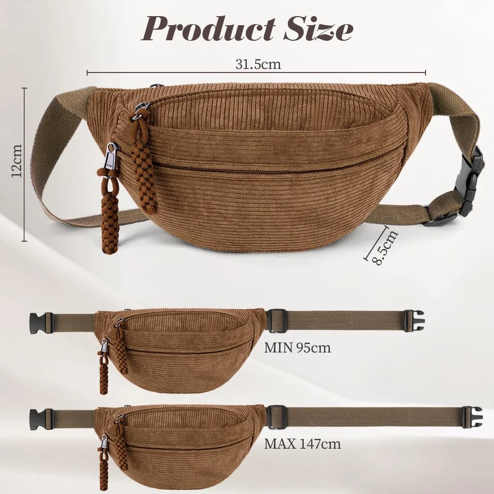Sac Banane Velours Côtelé pour Femme avec Sangle Réglable, Sac de Voyage Polyvalent