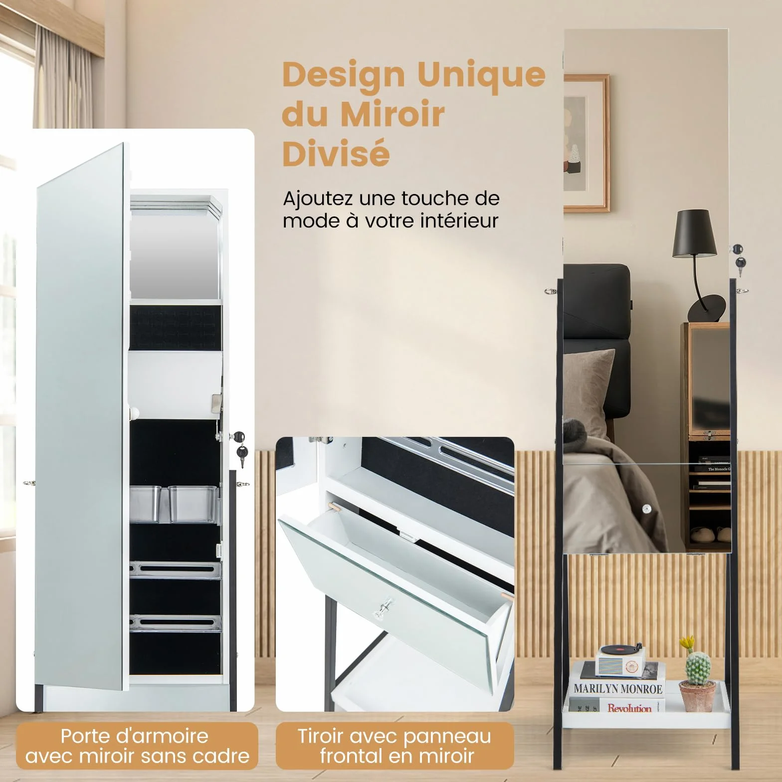 COSTWAY Armoire à Bijoux avec Miroir et Tiroir sur Pieds, Miroir Psyché HD sans Cadre, Verrouillable, Lumières LED 3 Couleurs, Blanc