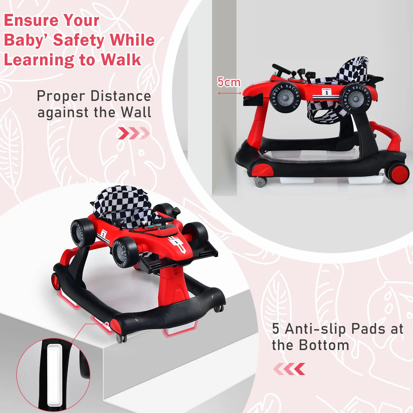 LIFEZEAL Trotteur Bébé 4 en 1 Pliable avec 3 Hauteurs Réglables, Marcheur Musical, 6-18 Mois, 15 kg, Rouge