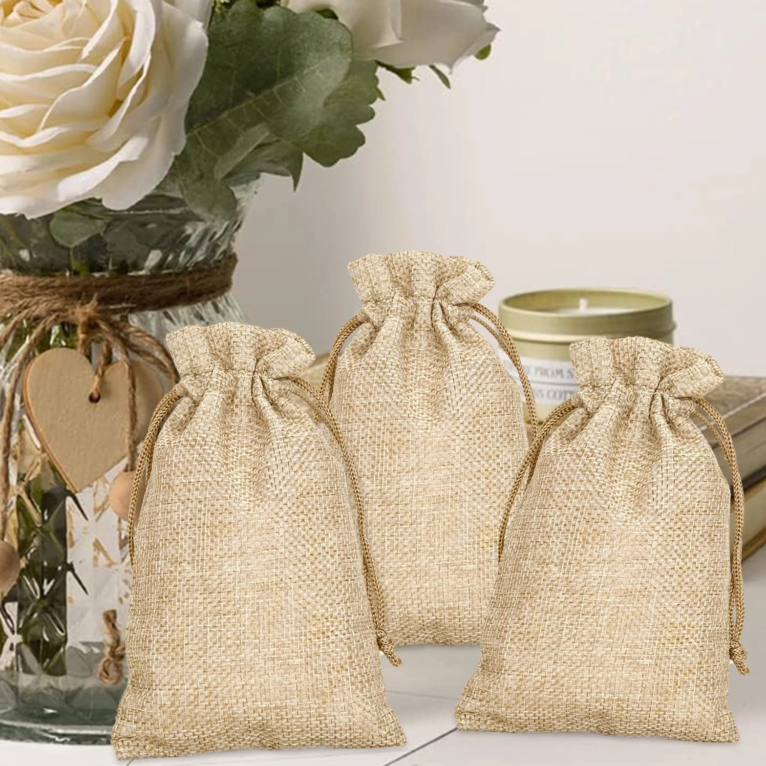 Pochon Jute 10x15cm Sac Toile de Jute avec Cordon Petite Pochette Cadeau pour Bijoux