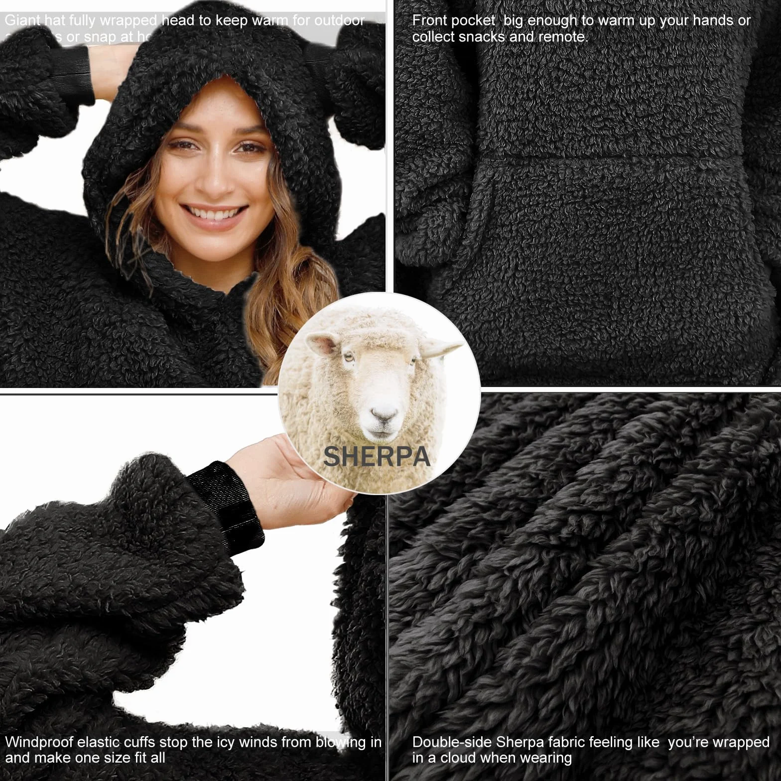 Couverture Sherpa Portable avec Capuche Oversize Noir Taille Unique