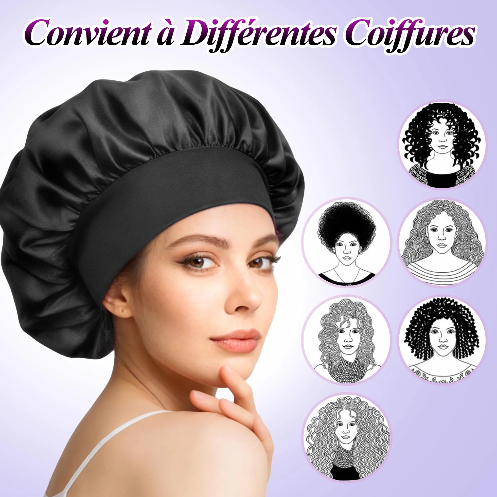Lot de 2 Bonnets Satin Cheveux Nuit Anti-frisottis - Noir + Argent