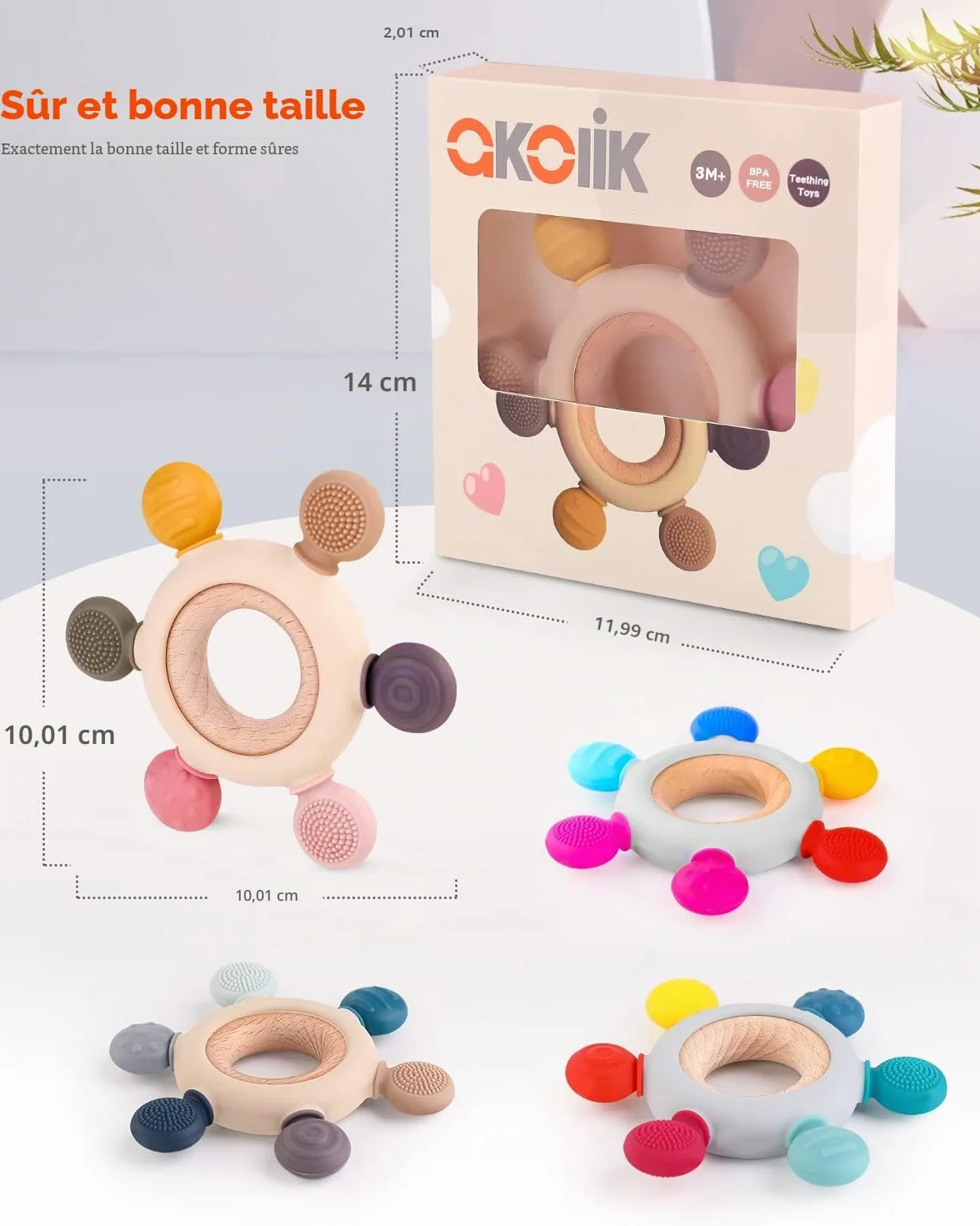 Anneau de Dentition Bébé Silicone Bois Sans BPA 3-12 Mois Jouet Dentition