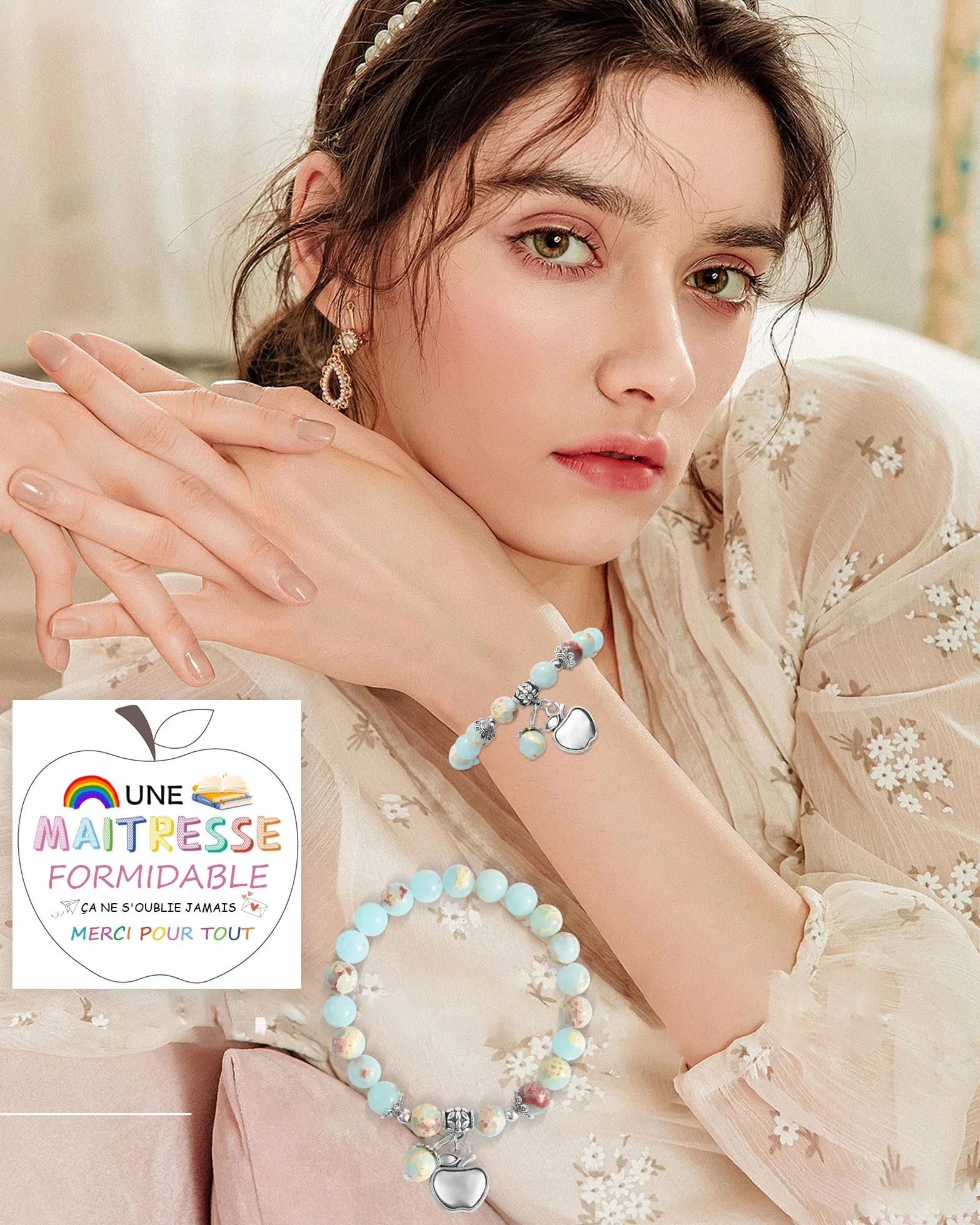 CheersLife Bracelet Pierre Naturelle Femme Cadeau Maitresse d'école Personnalisé