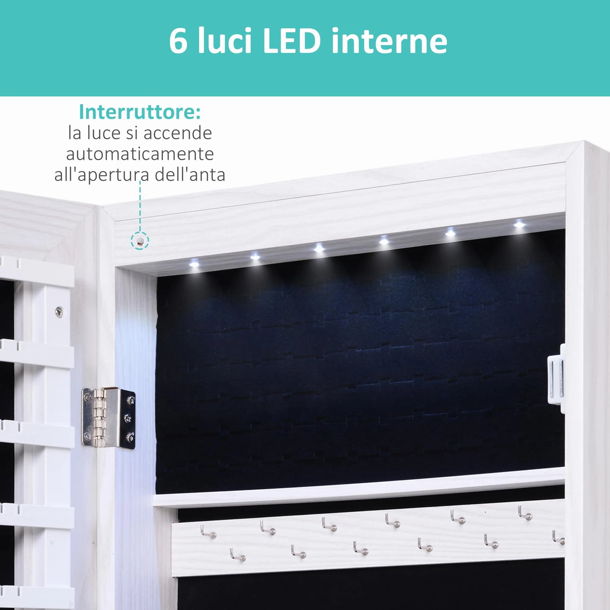 HOMCOM Armoire à bijoux avec miroir LED, verrouillable, fixation porte ou mur, 37x10x120cm, effet bois grisé