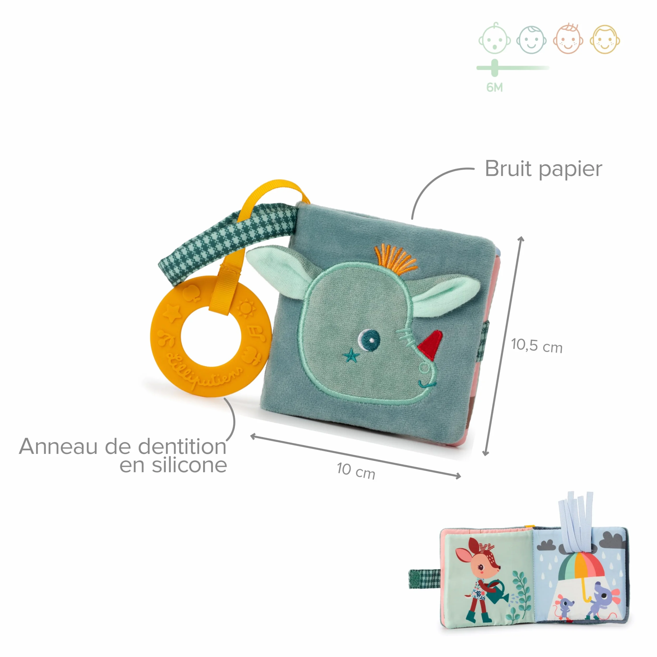 Lilliputiens Imagier en Tissu Joe le Dragon Livre d’Éveil interactif avec Anneau de Dentition Activités Sensoriels dès 6 Mois