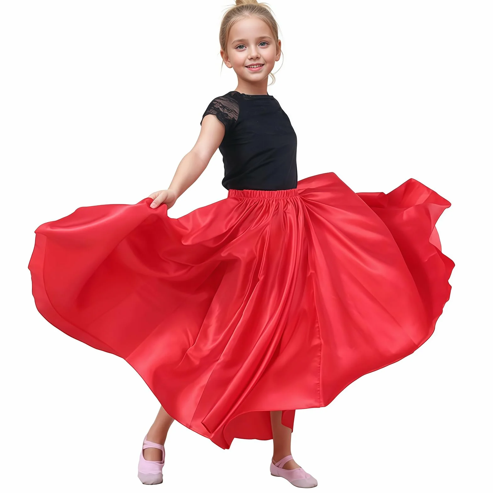 Jupe de Danse Orientale pour Fille, Jupe Longue en Satin Brillant pour Danse du Ventre, Flamenco