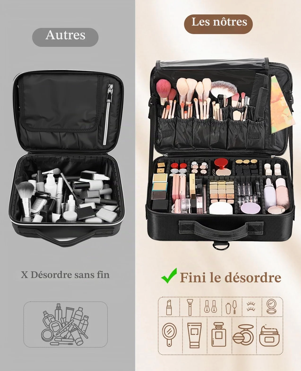 Luxspire Malette Maquillage Femme Trois Étages Portable Miroir Valise Sac Toilette Compartiment Réglable Noir