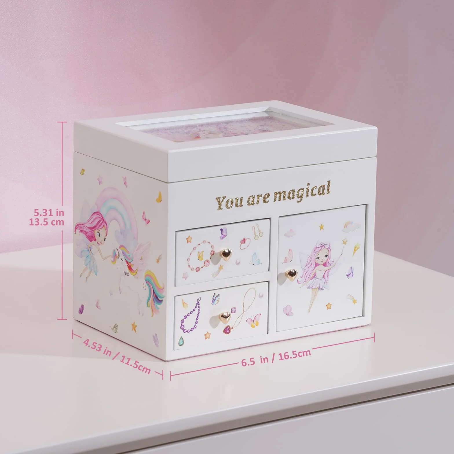 Boîte Bijoux Enfant Licorne Musicale Bois Blanc pour Ranger Colliers Bracelets Bagues Montres
