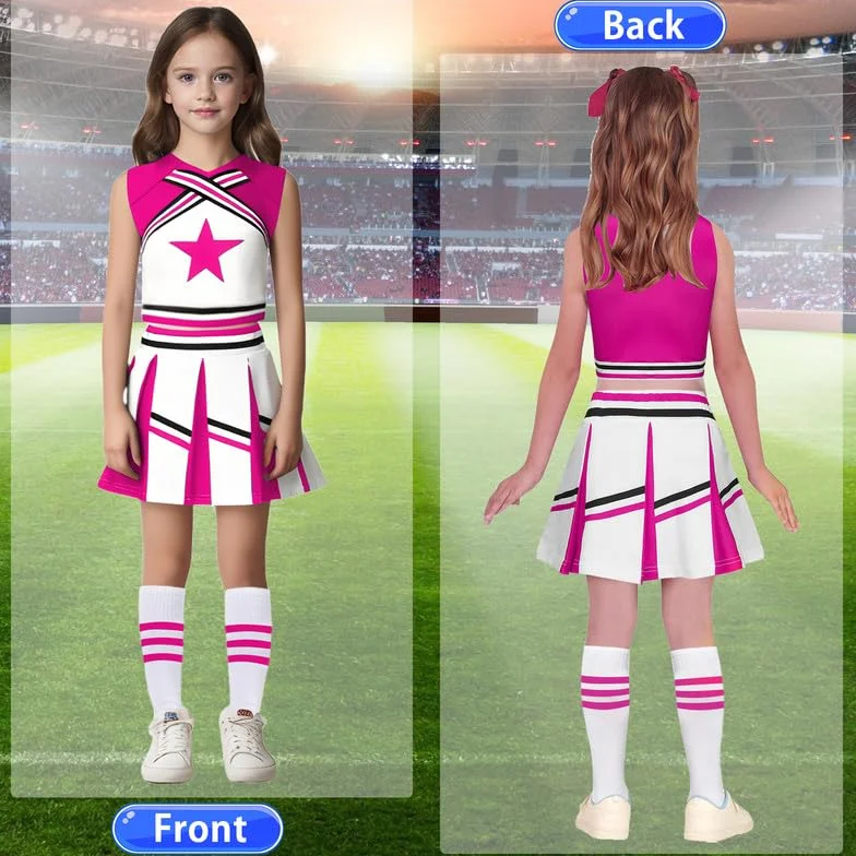 Costume Pom Pom Girl Enfant avec Bandeau Pompons et Chaussettes pour Carnaval Halloween