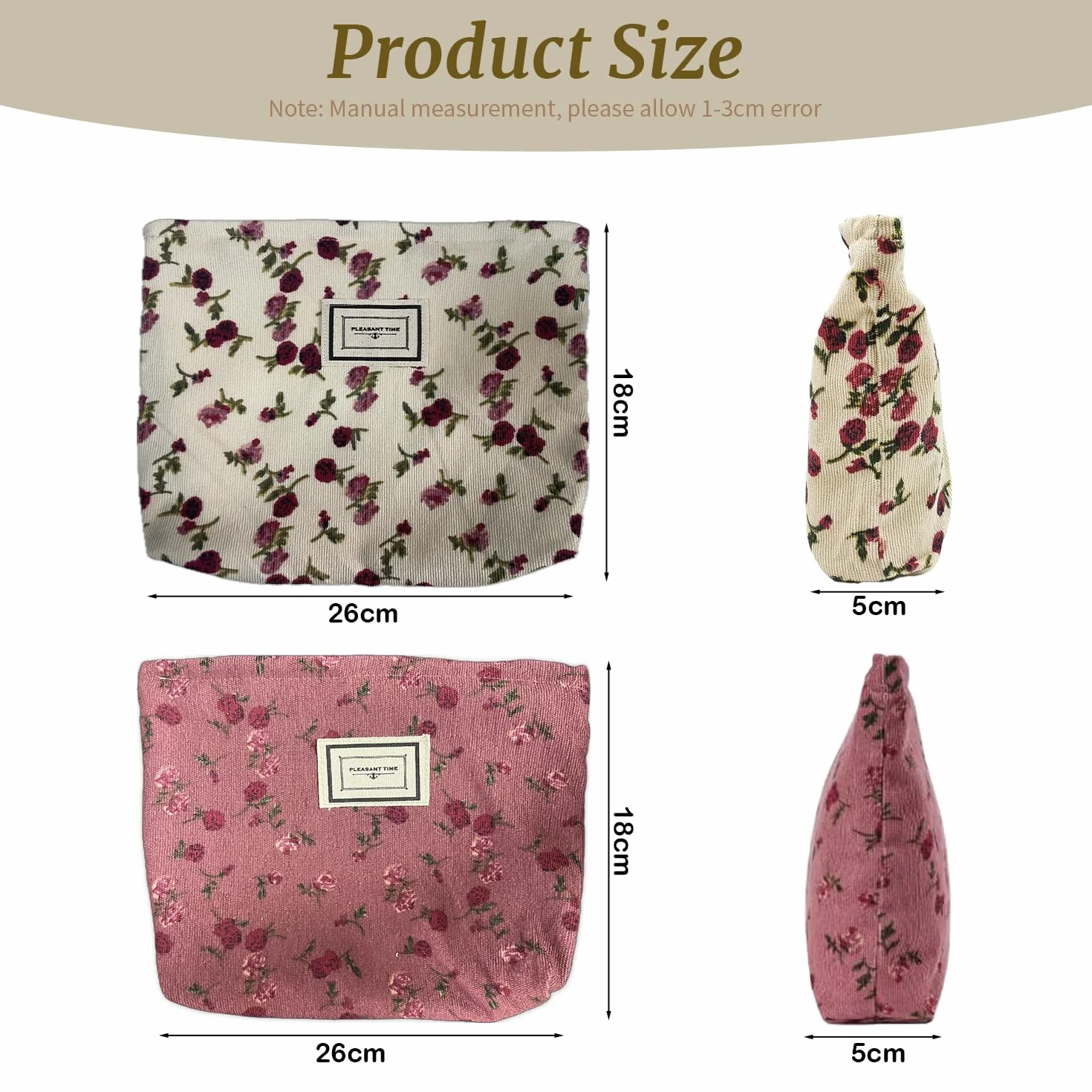 Lot de 2 Trousses de Maquillage Femme, Trousse de Toilette Voyage Motif Fleurs Roses, Pochette cosmétique avec Fermeture éclair