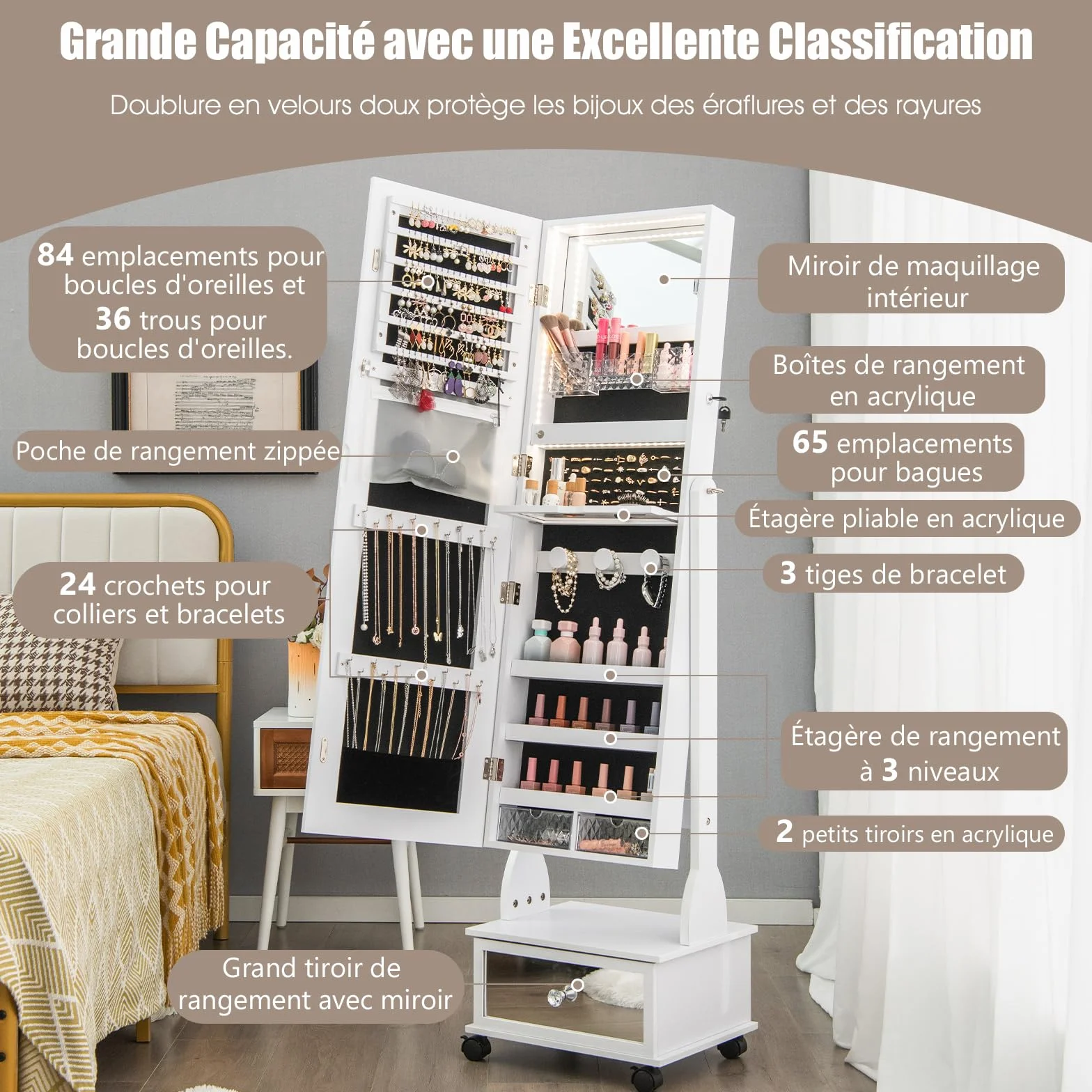 COSTWAY Armoire à Bijoux sur Roulettes Verrouillable avec Miroir Psyché et Lumières LED 3 Couleurs (Blanc)