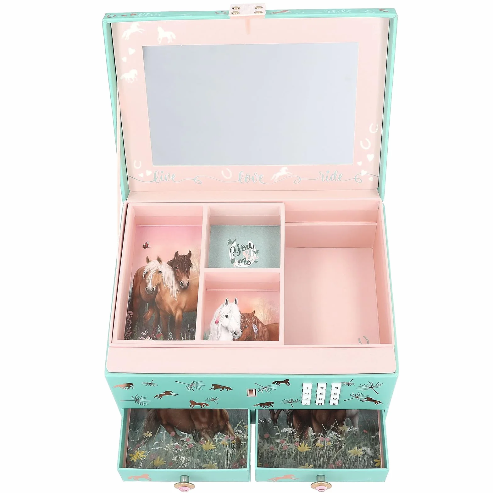 Depesche Miss Melody Grande boîte à Bijoux Turquoise Rose Chevaux Or Rose Code Son Miroir