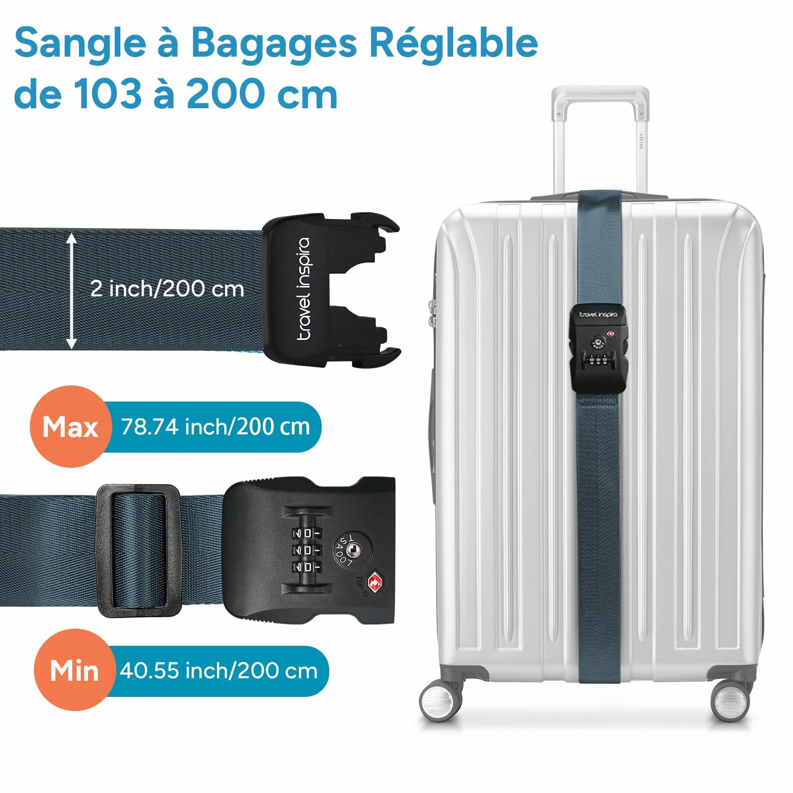 Sangle Valise TSA Réglable 103-200 cm pour Valises 20-32 Pouces, Ceinture à Bagages Bleu Marine
