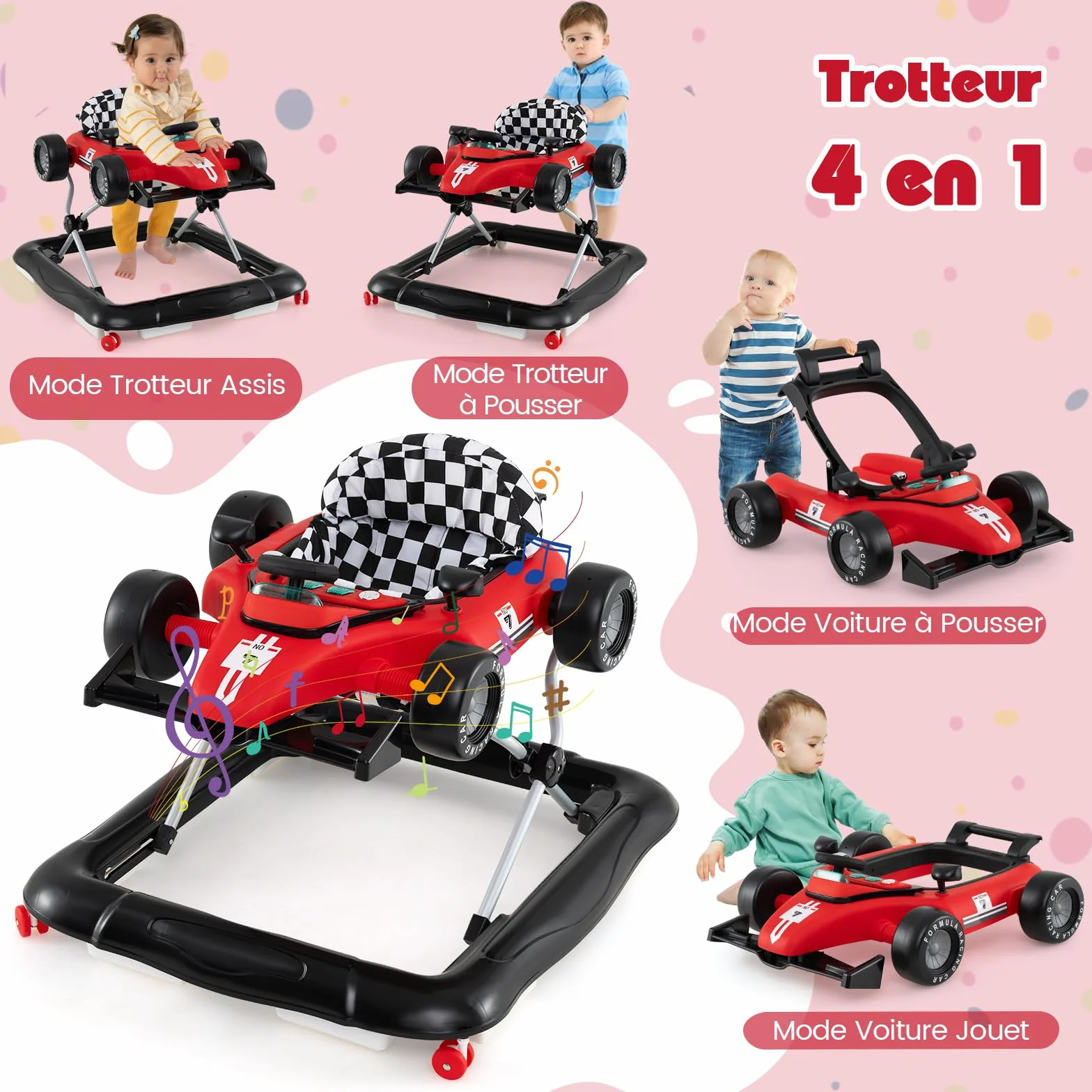 GOPLUS Trotteur Bébé 4 en 1 Pliable avec 3 Hauteurs Réglables, Musique, Lumières, Charge 12 KG 6-12 Mois Rouge