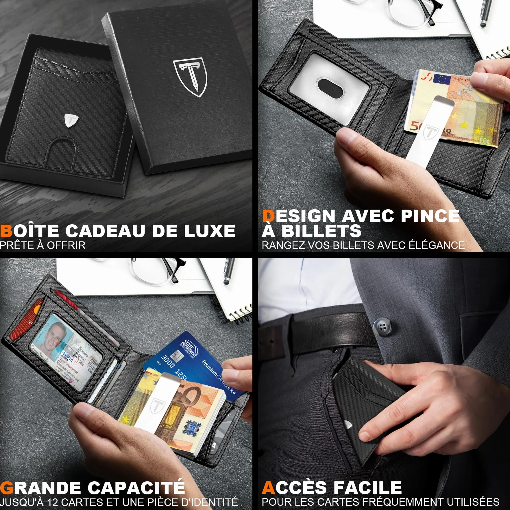 TEEHON Portefeuille Homme Slim Cuir Fibre Carbone Blocage RFID Bi-Fold Noir