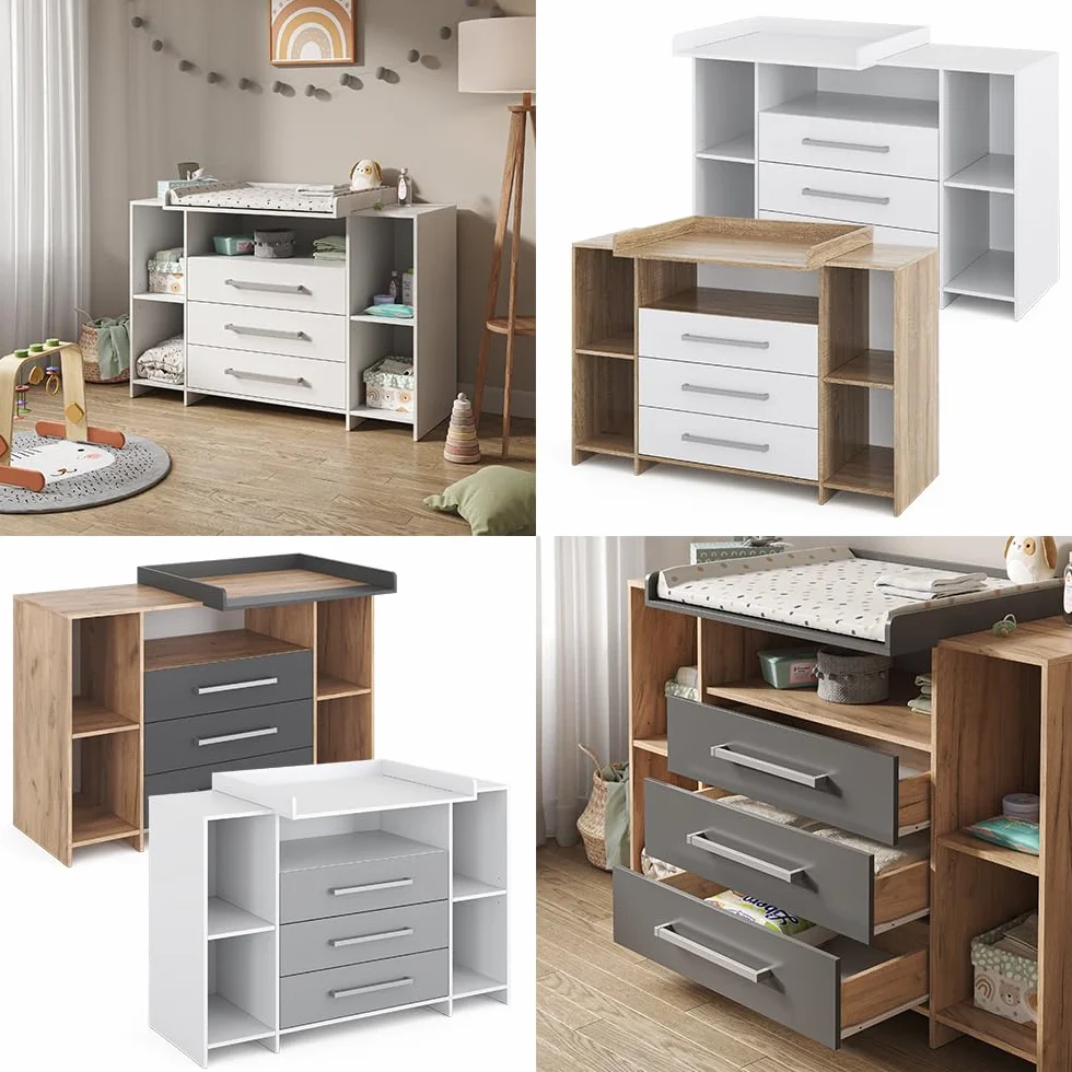 Vicco Commode à Langer Oskar 143x100cm XL Blanc/Gris avec Tiroirs Table à Langer Rangement Extensible