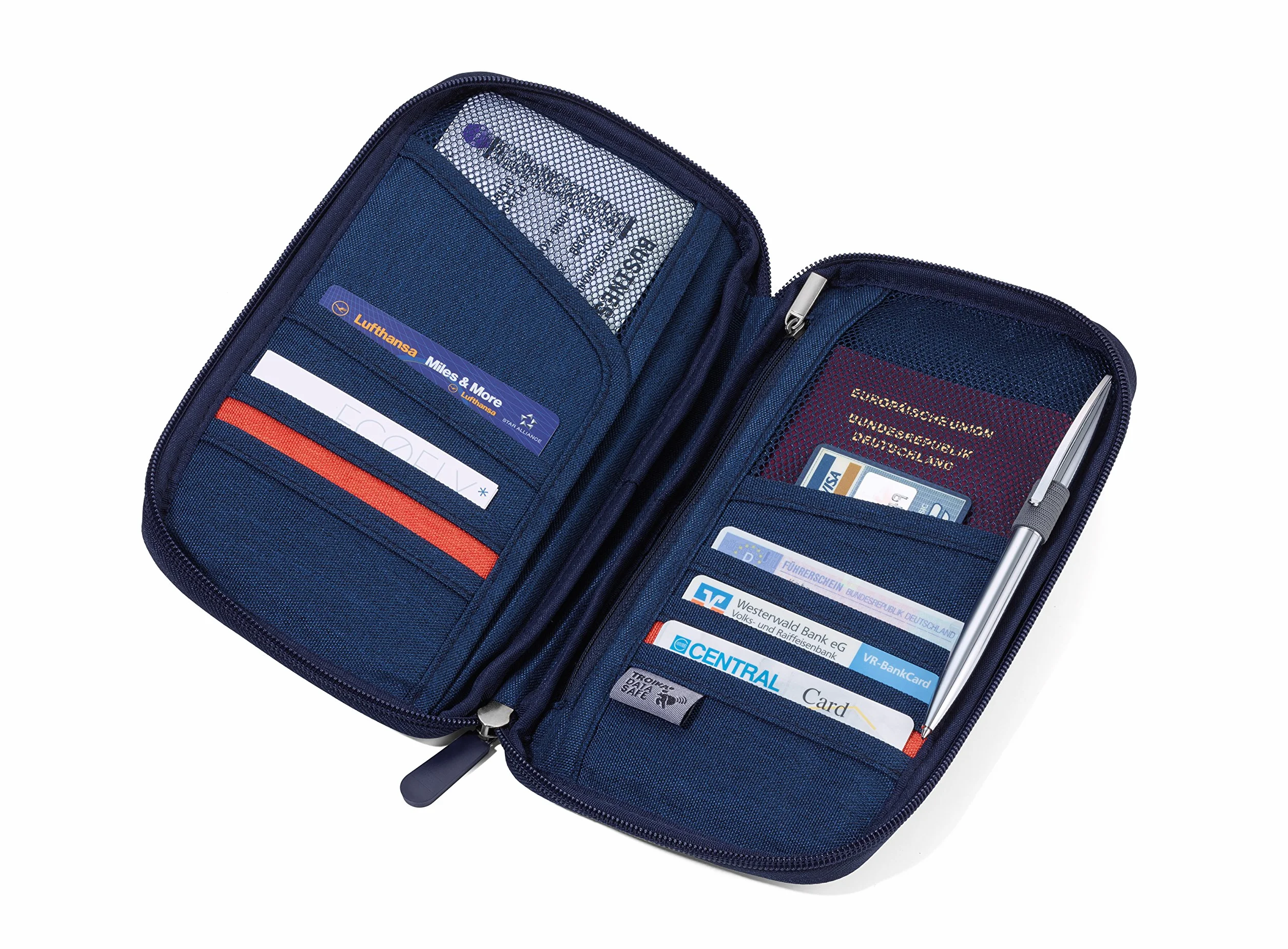 Troika Safe Flight TRV20/DB Étui pour Documents de Voyage avec Protection RFID 12 Compartiments Polyester Bleu