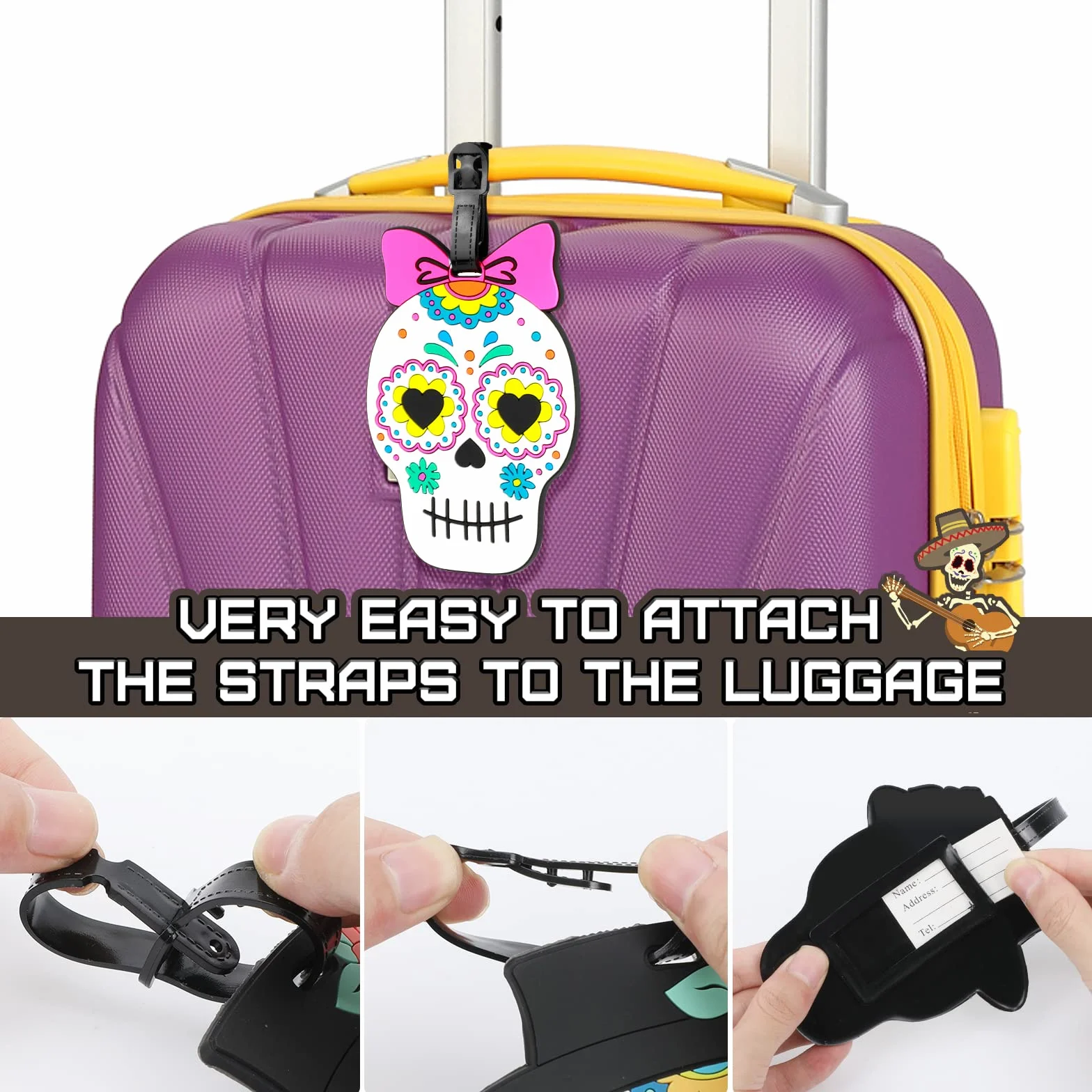Lot de 2 Étiquette Bagage Fleur Crâne Étiquette Valise Avion Étiquette de Voyage Porte Adresse pour Valise Bagages Sacs à Dos
