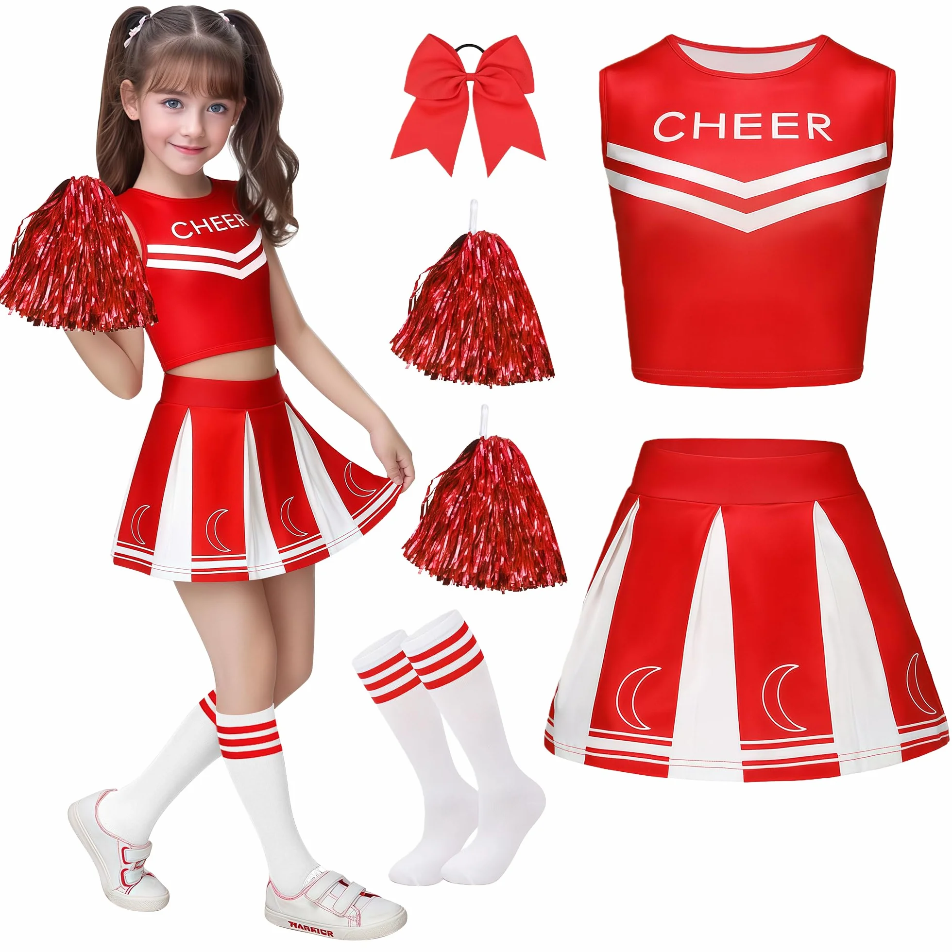 Deguisement Pompom Girl Enfant Cheerleader Fille avec Bandeau Pompons Chaussettes Costume Uniforme Carnaval Halloween Fête