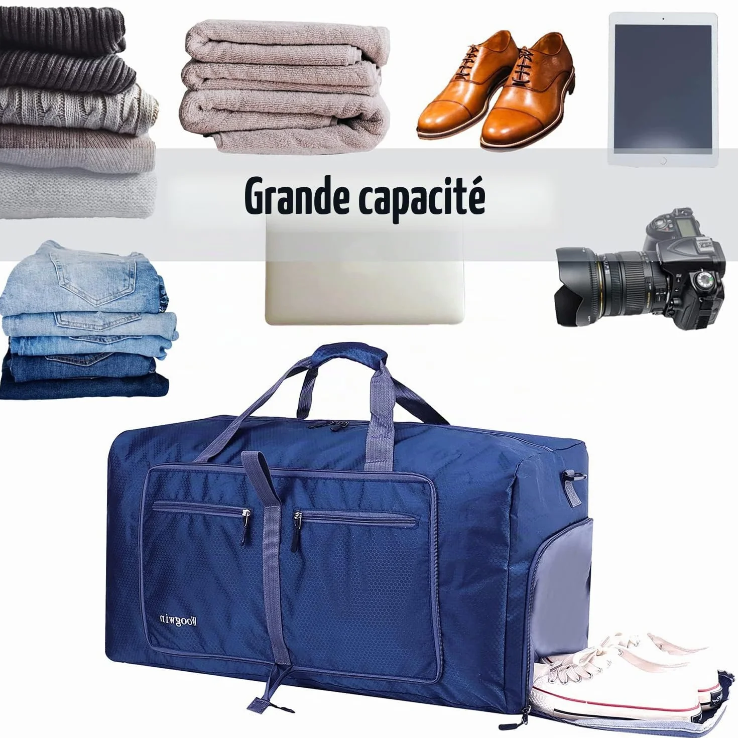 ehsbuy Sac de Voyage 60L Pliable Grand Capacité Homme Femme Compartiment Chaussures Poche étanche