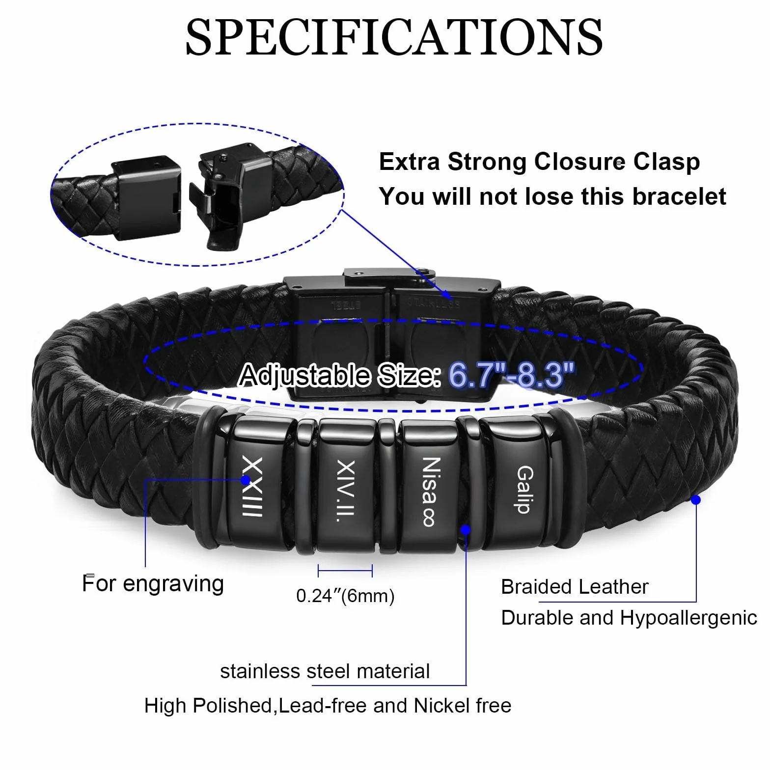 Bracelet Cuir Noir Tressé Homme Cadeau Papa Personnalisé Gravure Prénom